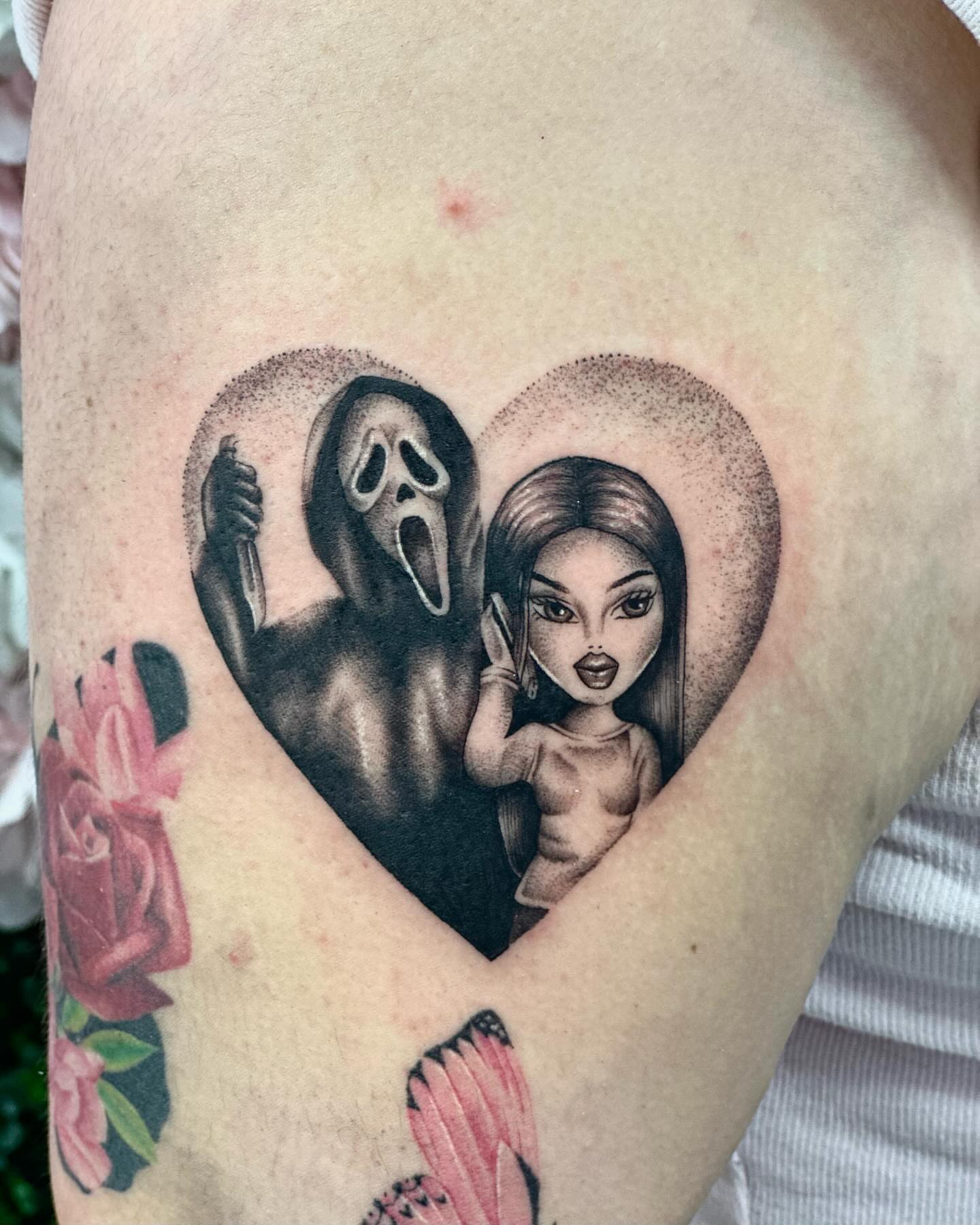 Ghost and woman dotwork tattoo on the thigh by Erika Nambo
