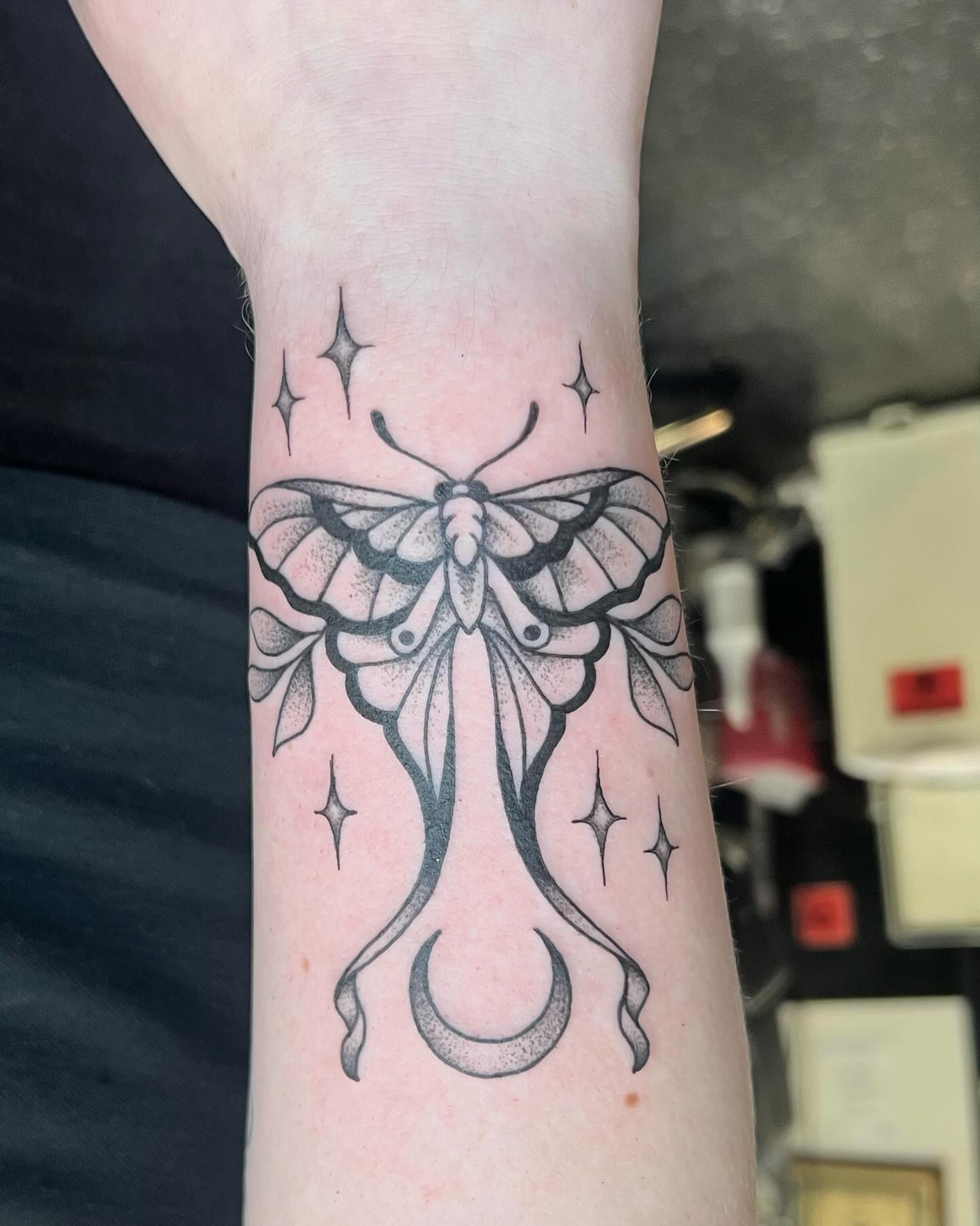 Moth dotwork tattoo on the forearm by Erika Donn, Portland, Oregon
