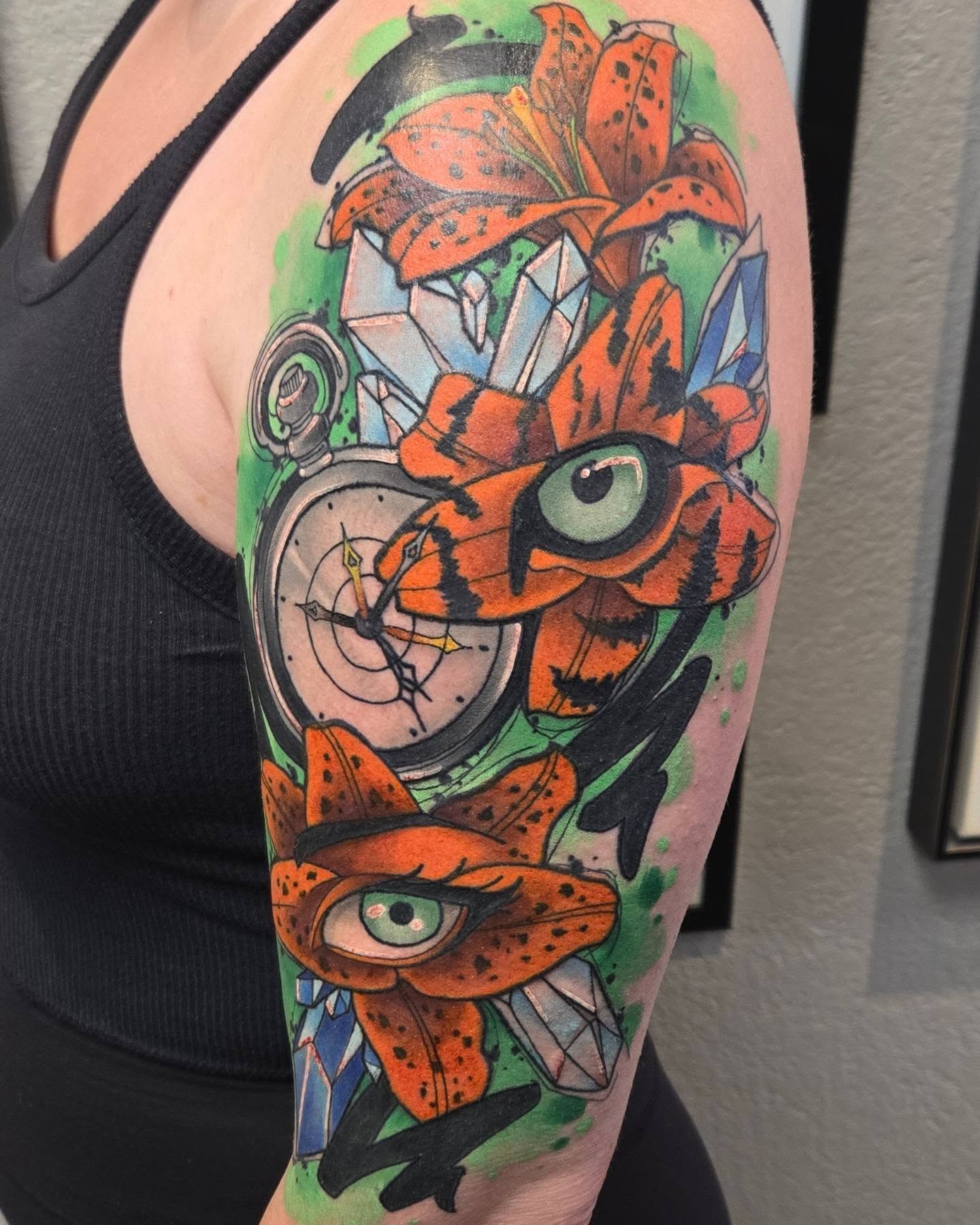 Lily and pocket watch new school tattoo on the forearm by Brian Savage, Gilbert, Arizona