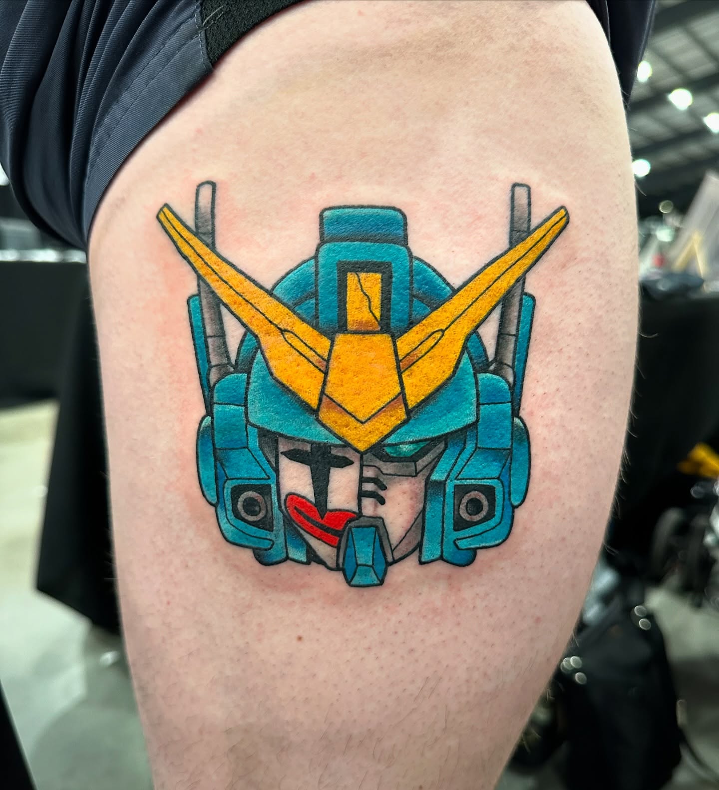 Mecha head geometric tattoo on the thigh by Jake Snoddy, Franklin, Tennessee