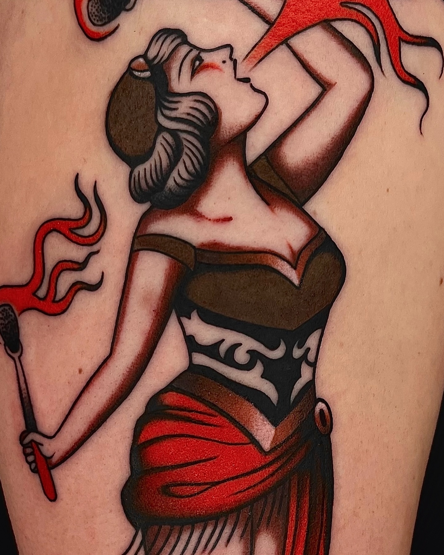 Woman with trident American traditional tattoo on the upper arm by 𝒟𝑜𝓃𝓃𝒶 𝒥 ࿏ Portland Tattoo Artist