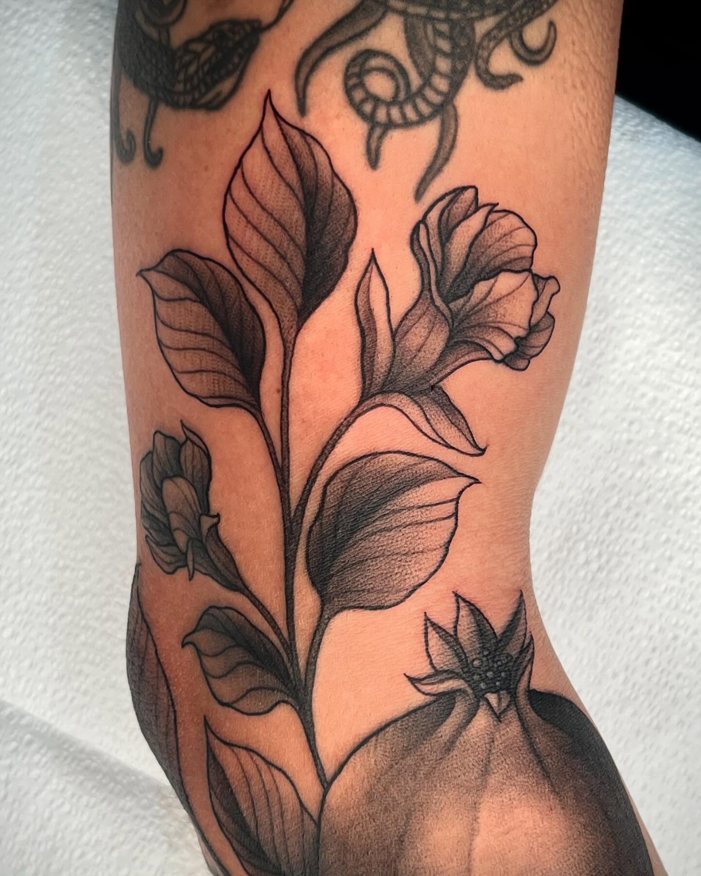 Peony black and grey tattoo on the forearm by Mia Manzanedo