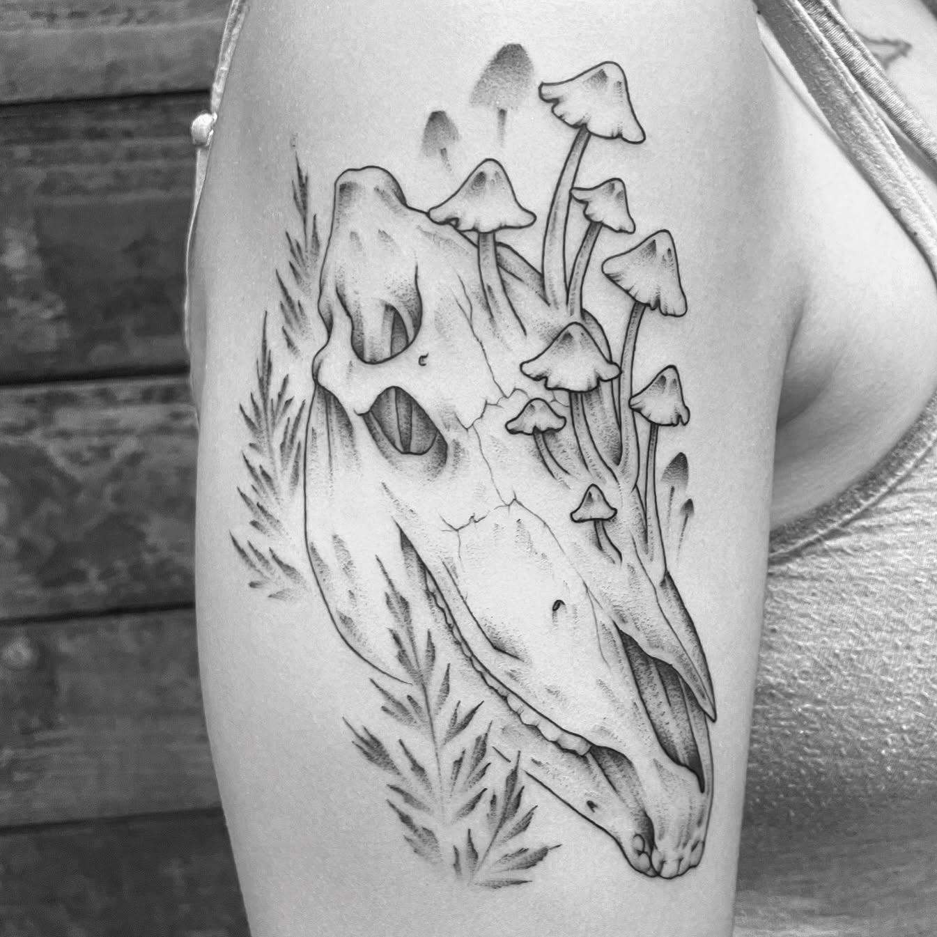 Skull with mushrooms realism tattoo on the thigh by โพ ๐
๐ฏ๐ฆ ๐๐ฌ๐ด๐ข๐ฏ๐ฐ โพ