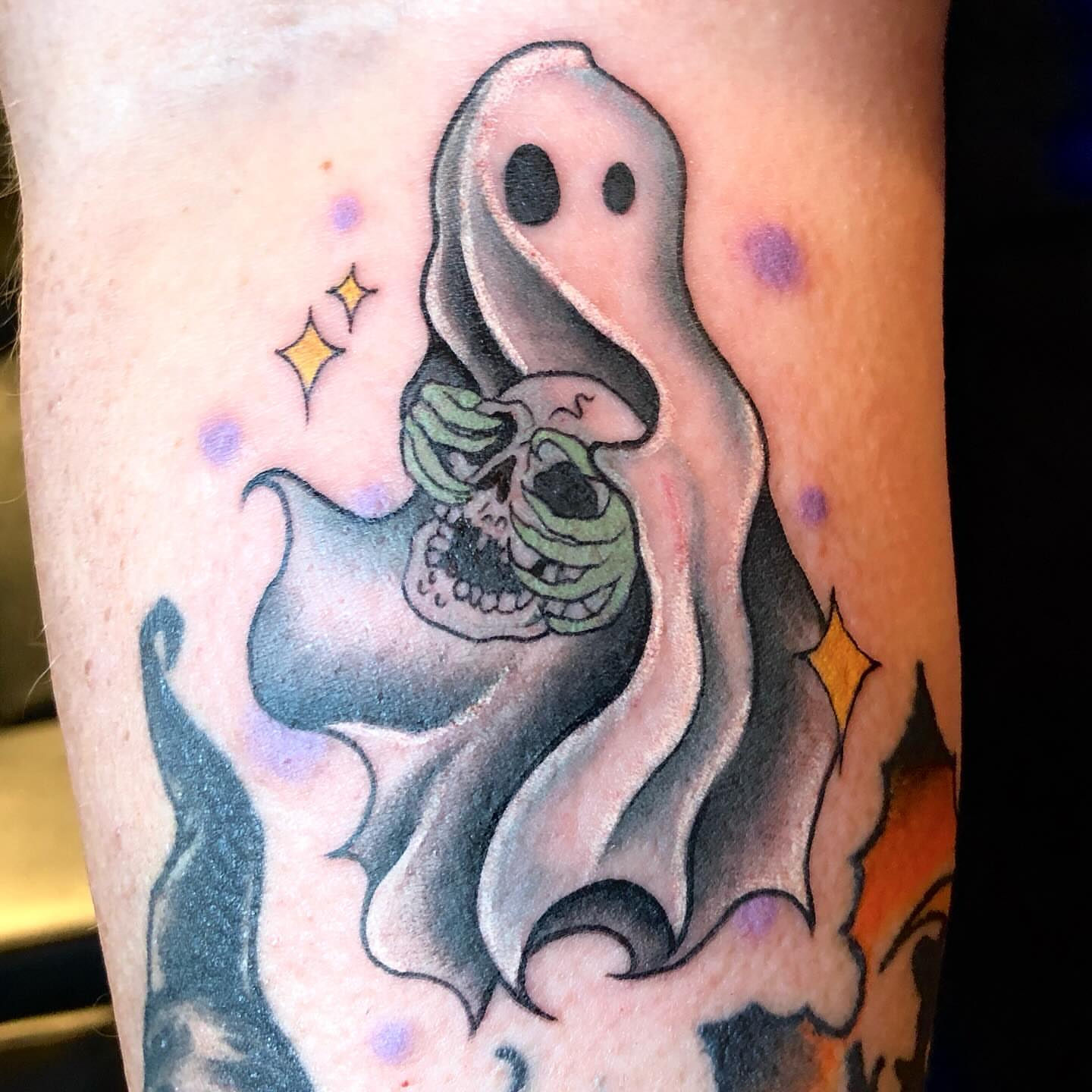 Ghost with skull American traditional tattoo on the forearm by Krystal ✨