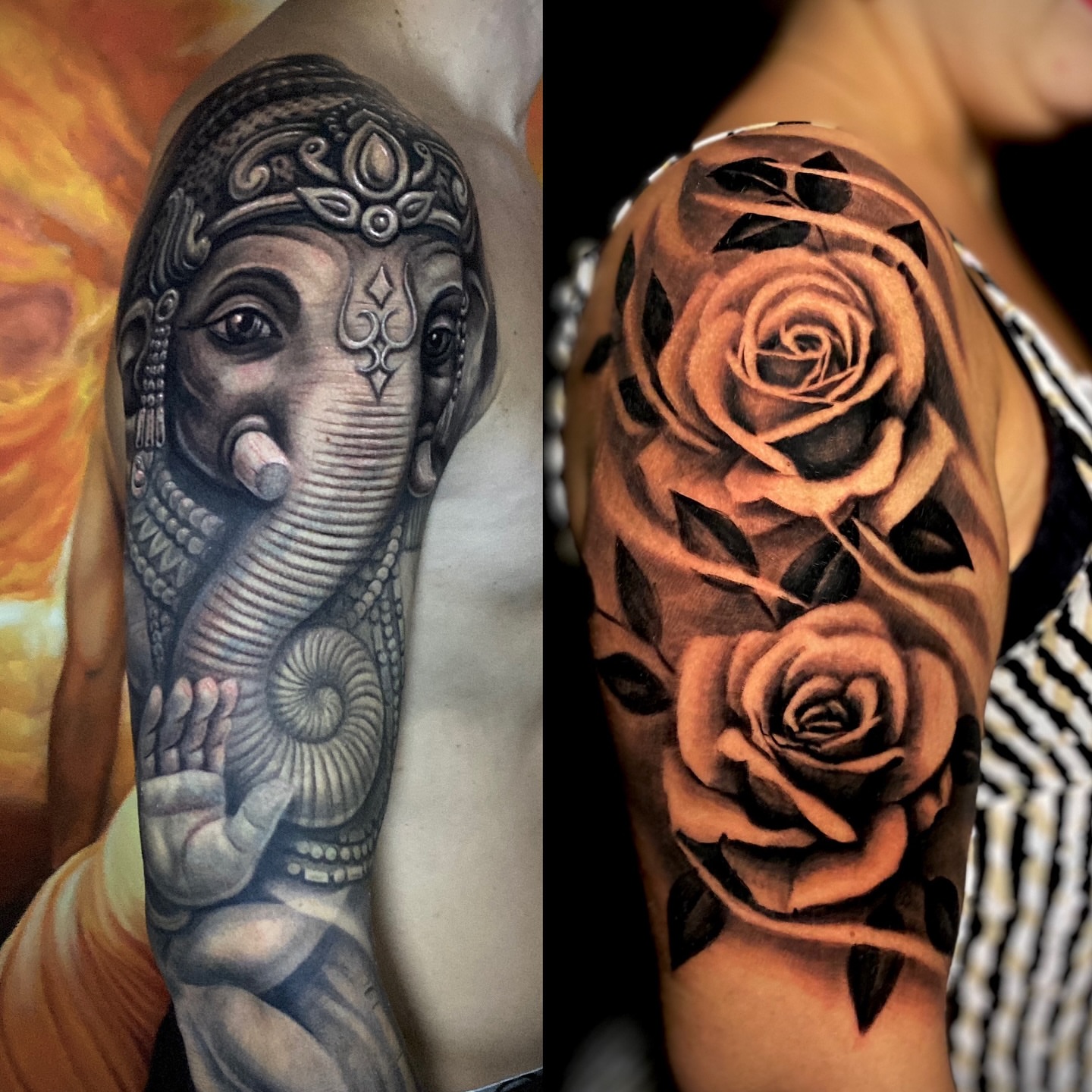 Elephant god and roses realism tattoo on the forearm by Morgan Andres Soto