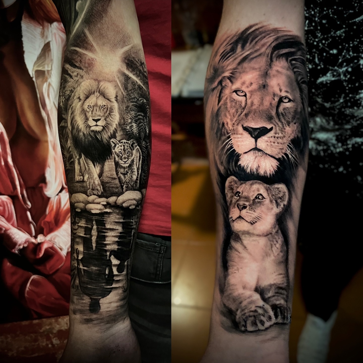 Lion and cub realism tattoo on the forearm by Morgan Andres Soto