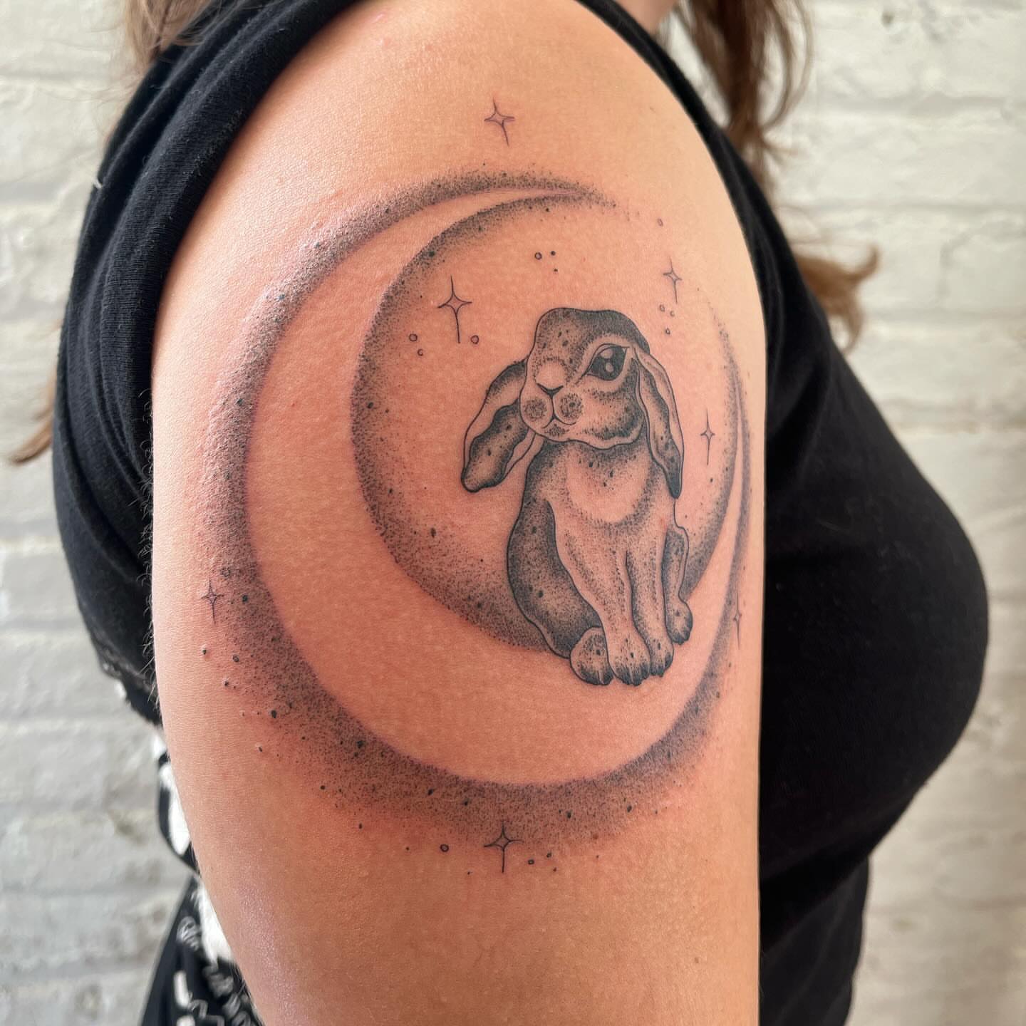 Rabbit dotwork tattoo on the shoulder by 𝔇𝔢𝔰𝔦