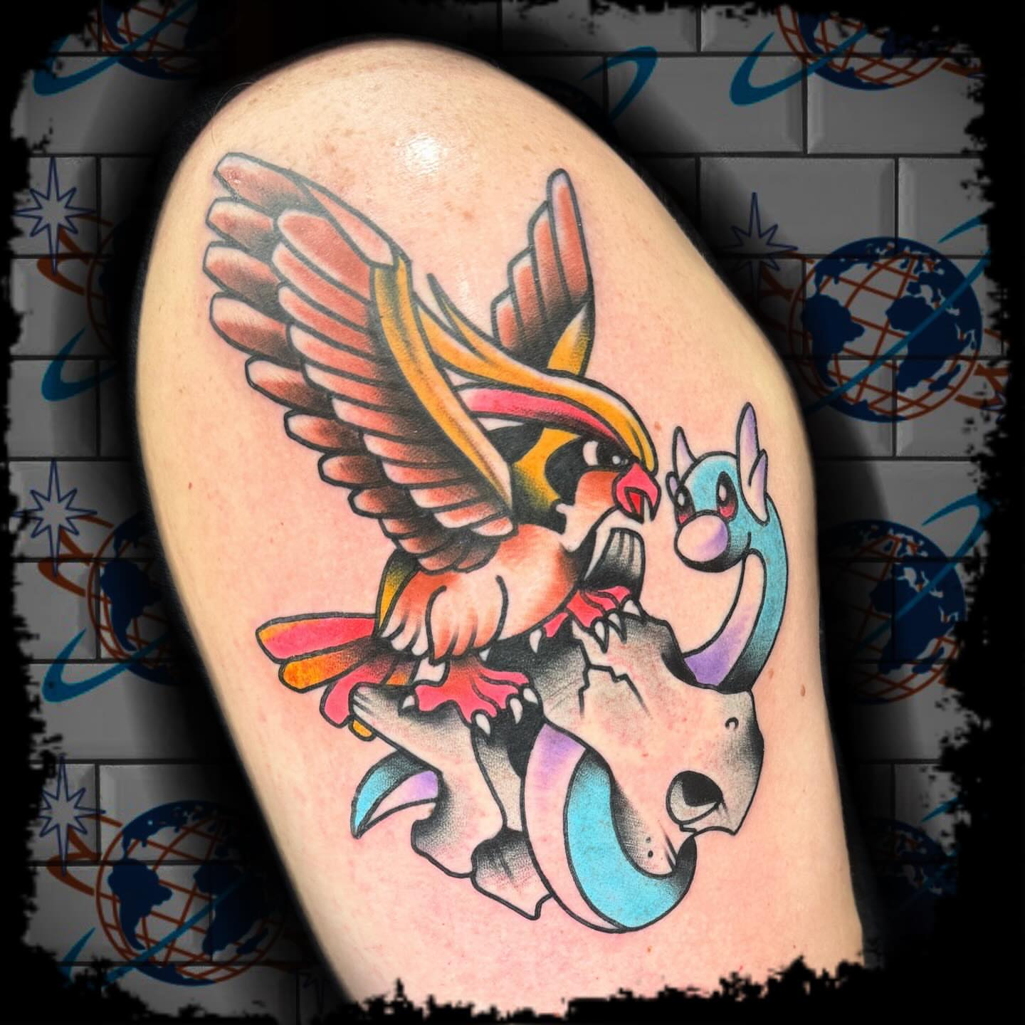 Bird and skull American traditional tattoo on the thigh by Antonio DeCaro