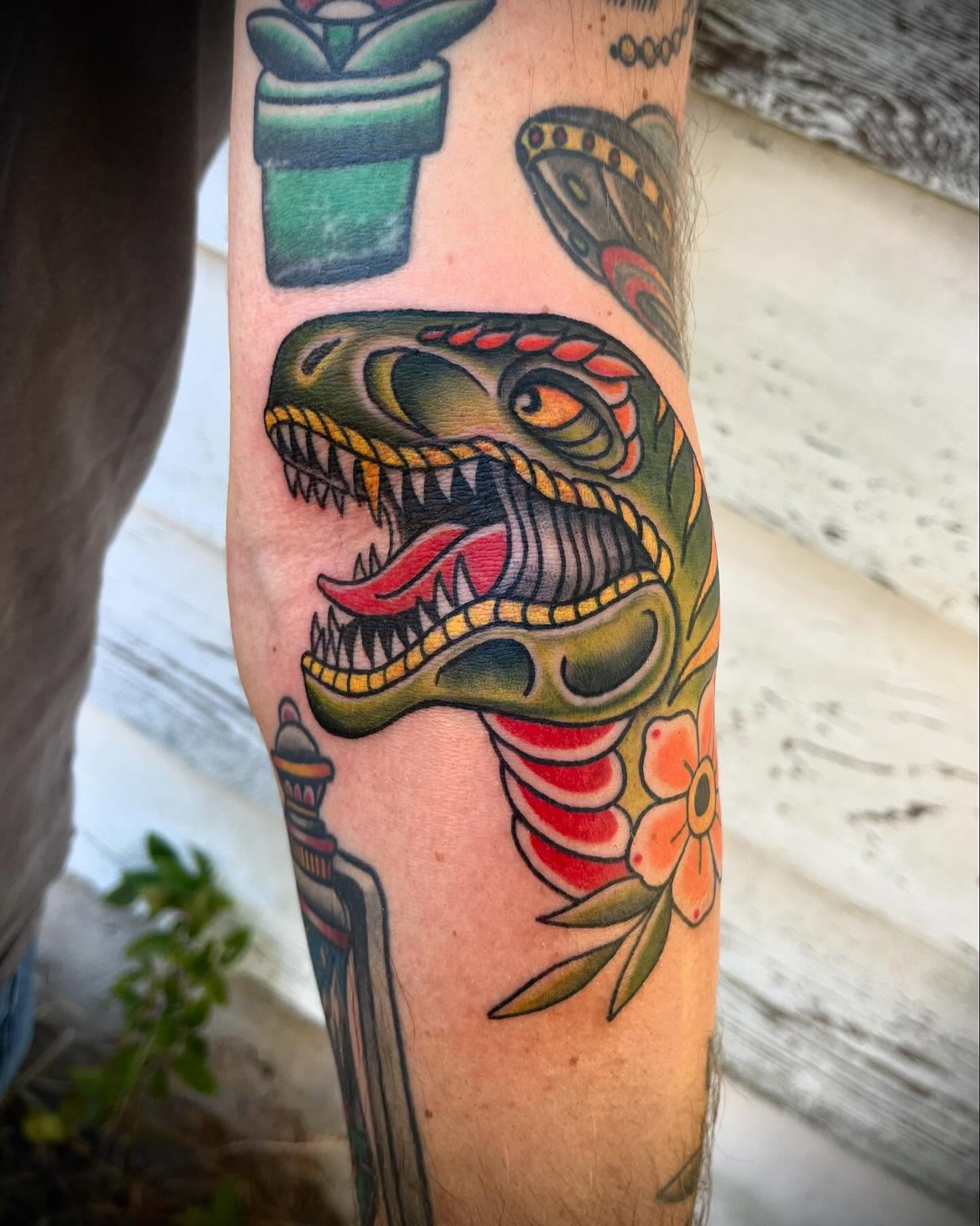 Dinosaur head American traditional tattoo on the forearm by Kat Ackerman