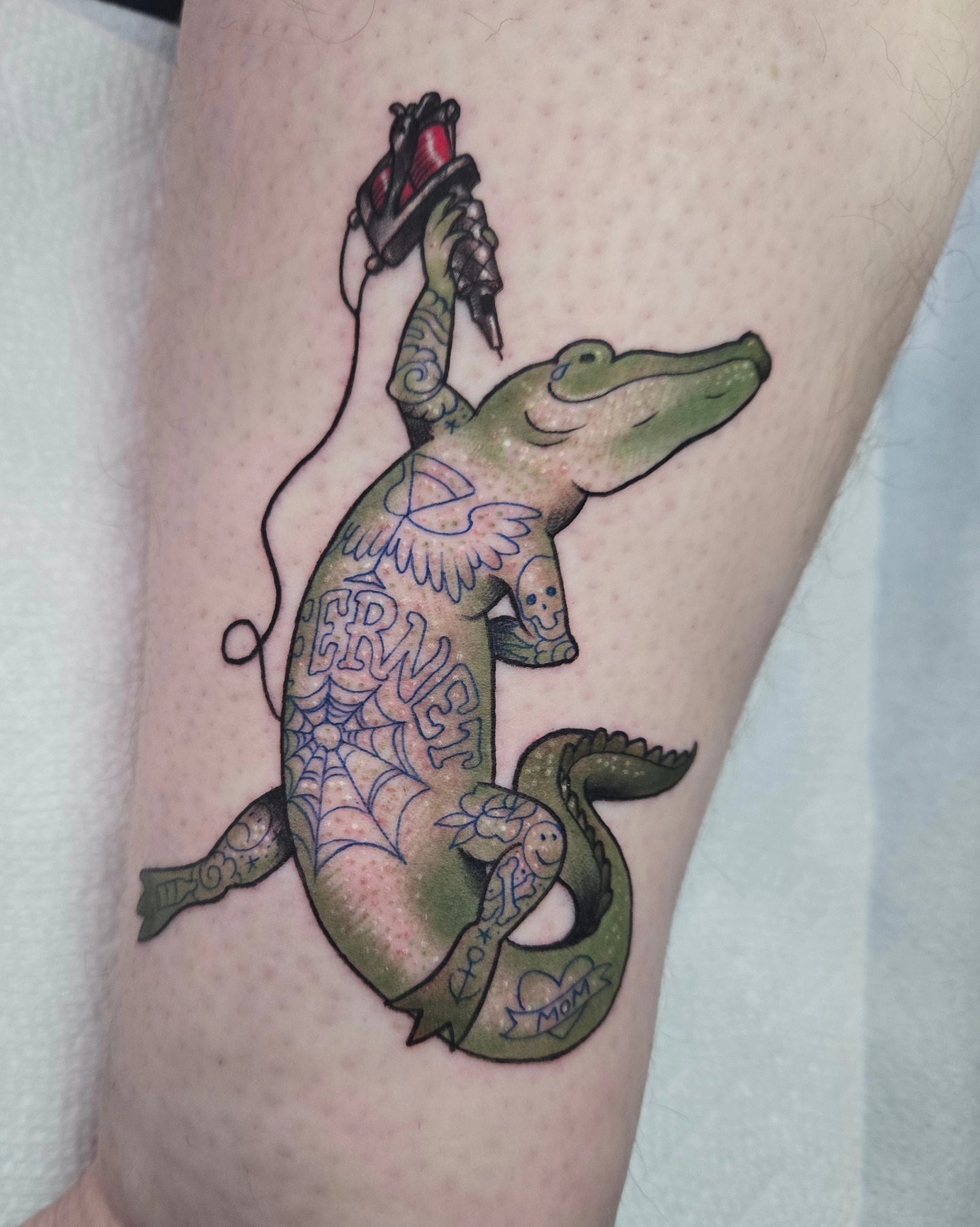 Alligator neo-traditional tattoo on the forearm by Shannon