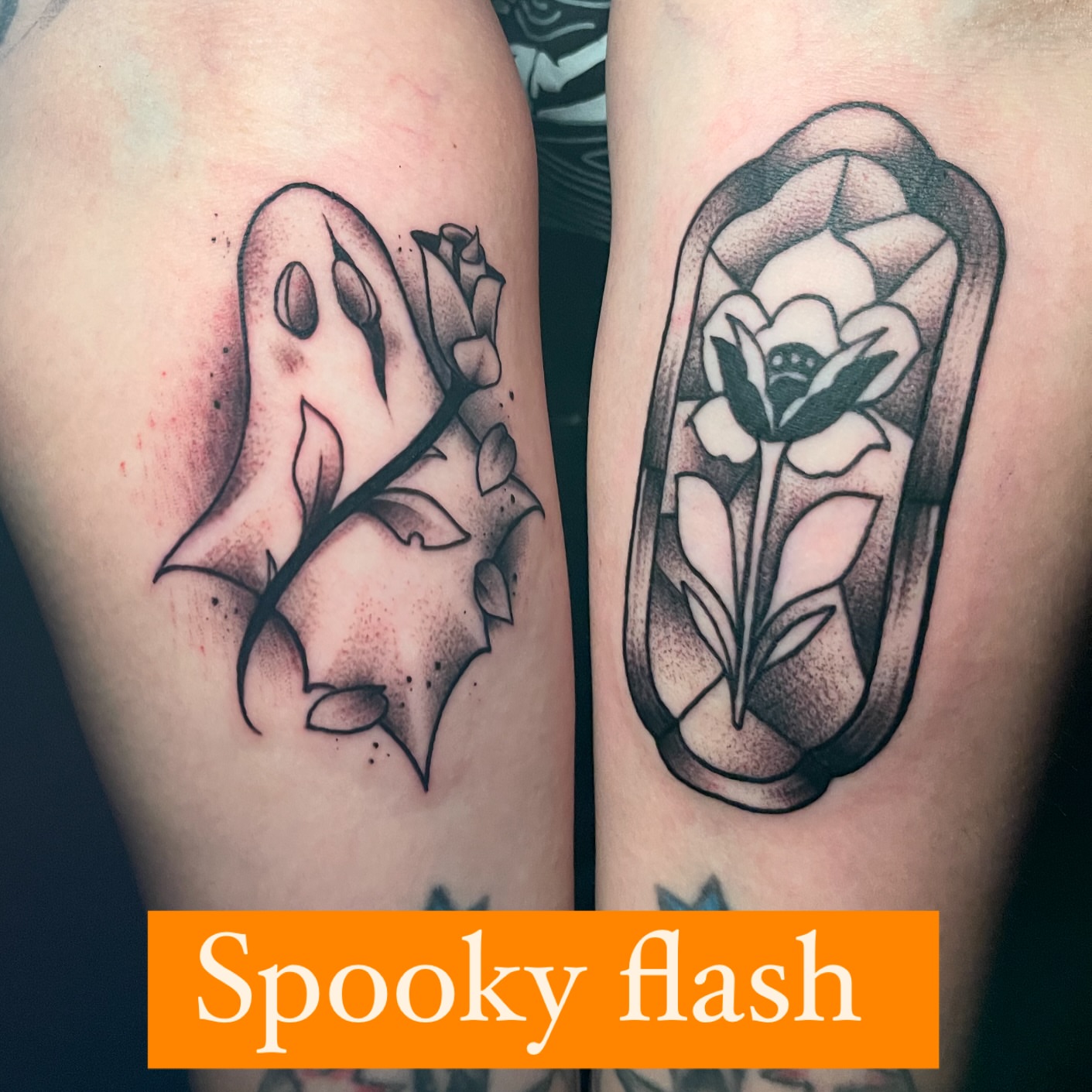 Ghost and rose black and grey tattoo on the thigh by Alex