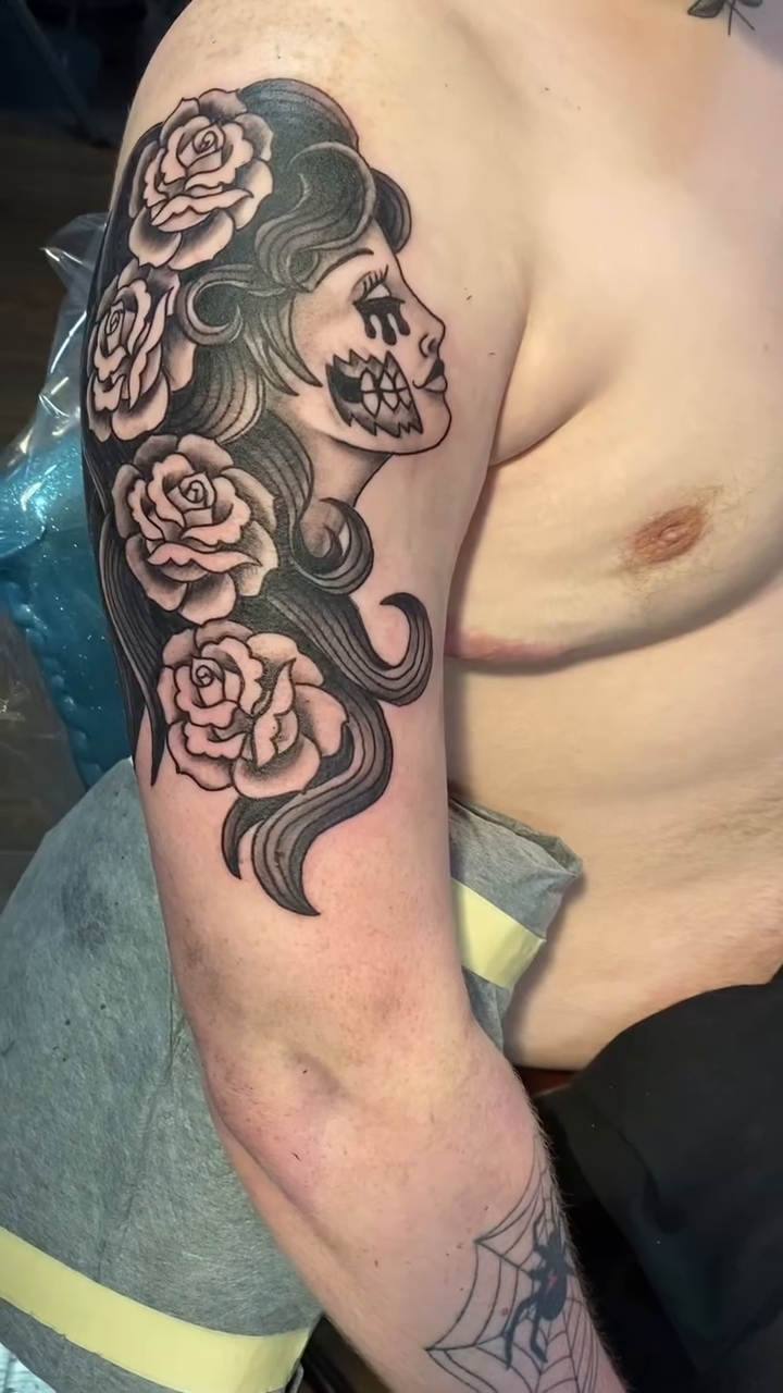 Woman with roses realism tattoo by jim collins, Dayton, Ohio
