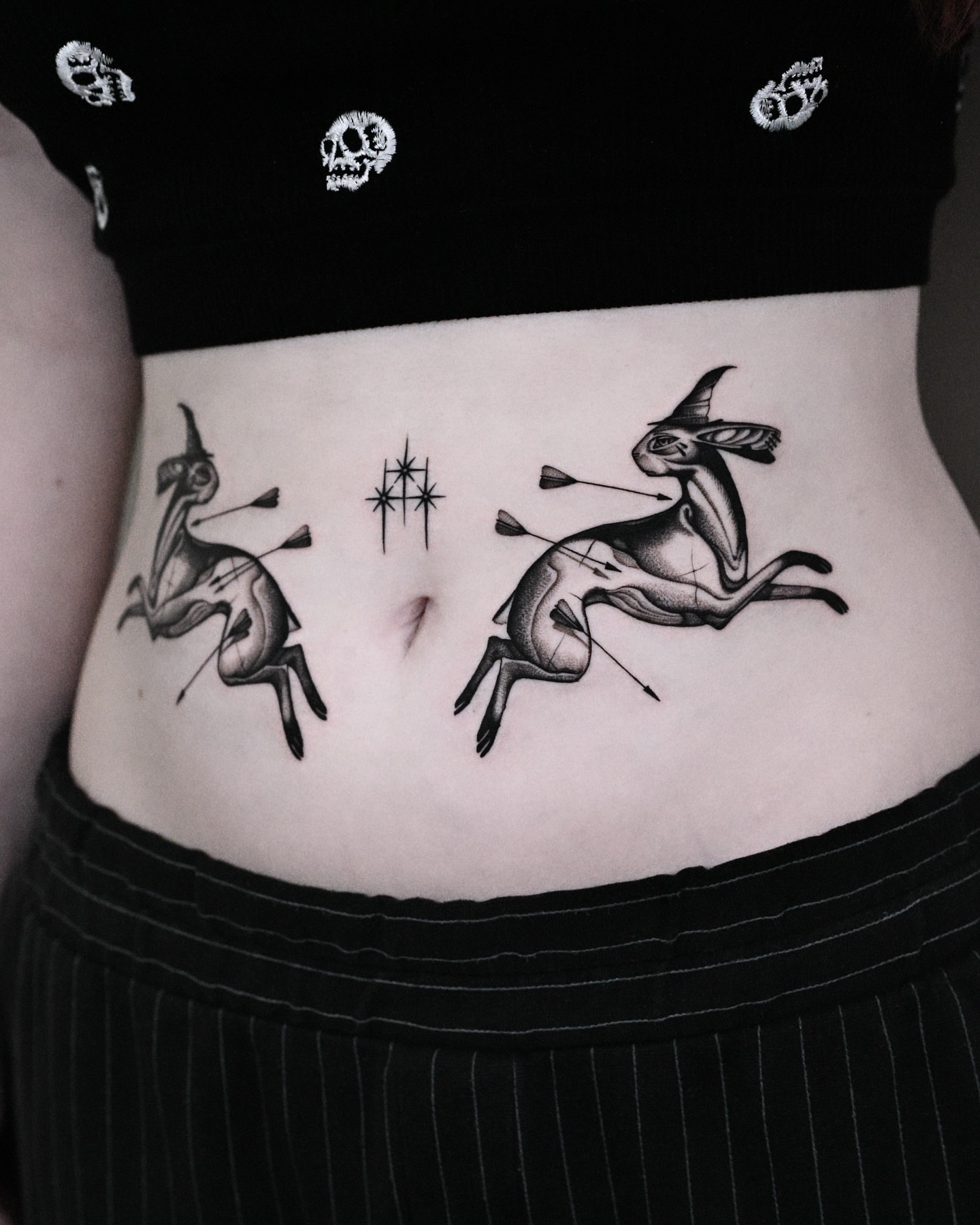 Horses with arrows black and grey tattoo on the torso by 9rukim