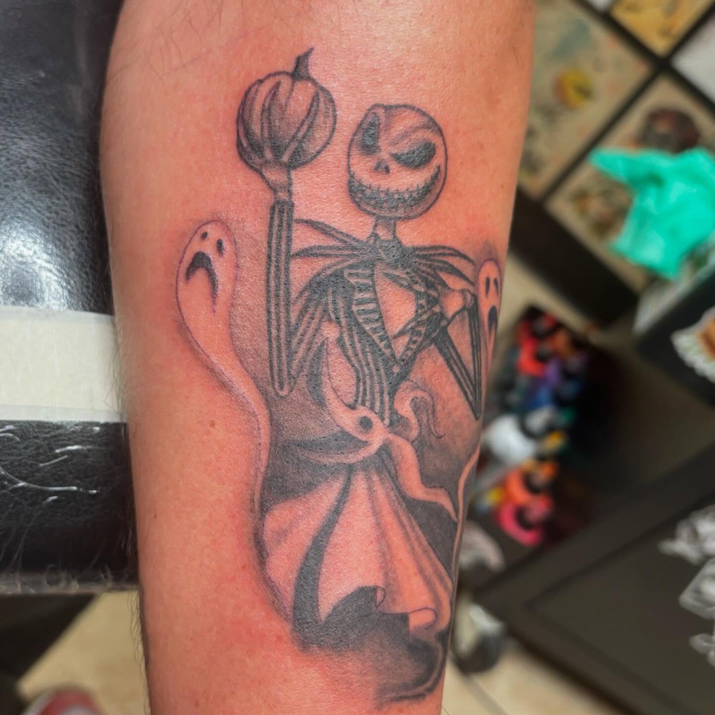 Jack Skellington black and grey tattoo on the forearm by Oscar Cuéllar (Kue-Yar)