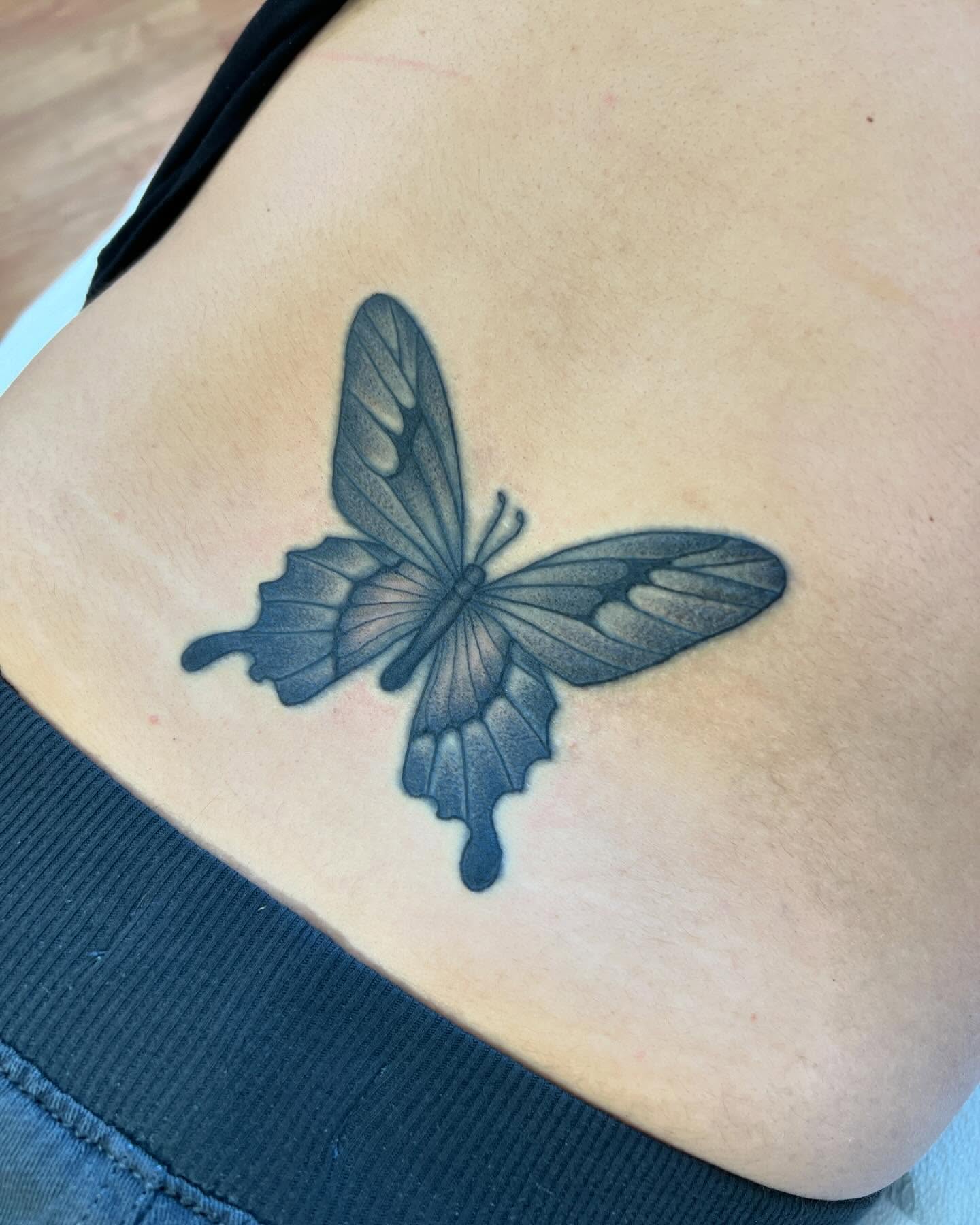 Butterfly dotwork tattoo on the shoulder by Rocky Burley, Georgetown, Texas