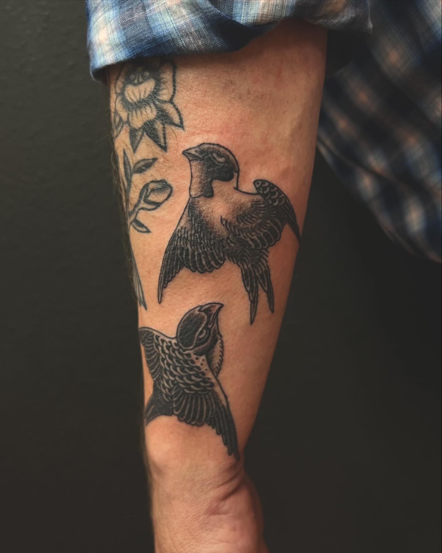 Birds and flowers American traditional tattoo on the forearm by Rocky Burley, Georgetown, Texas