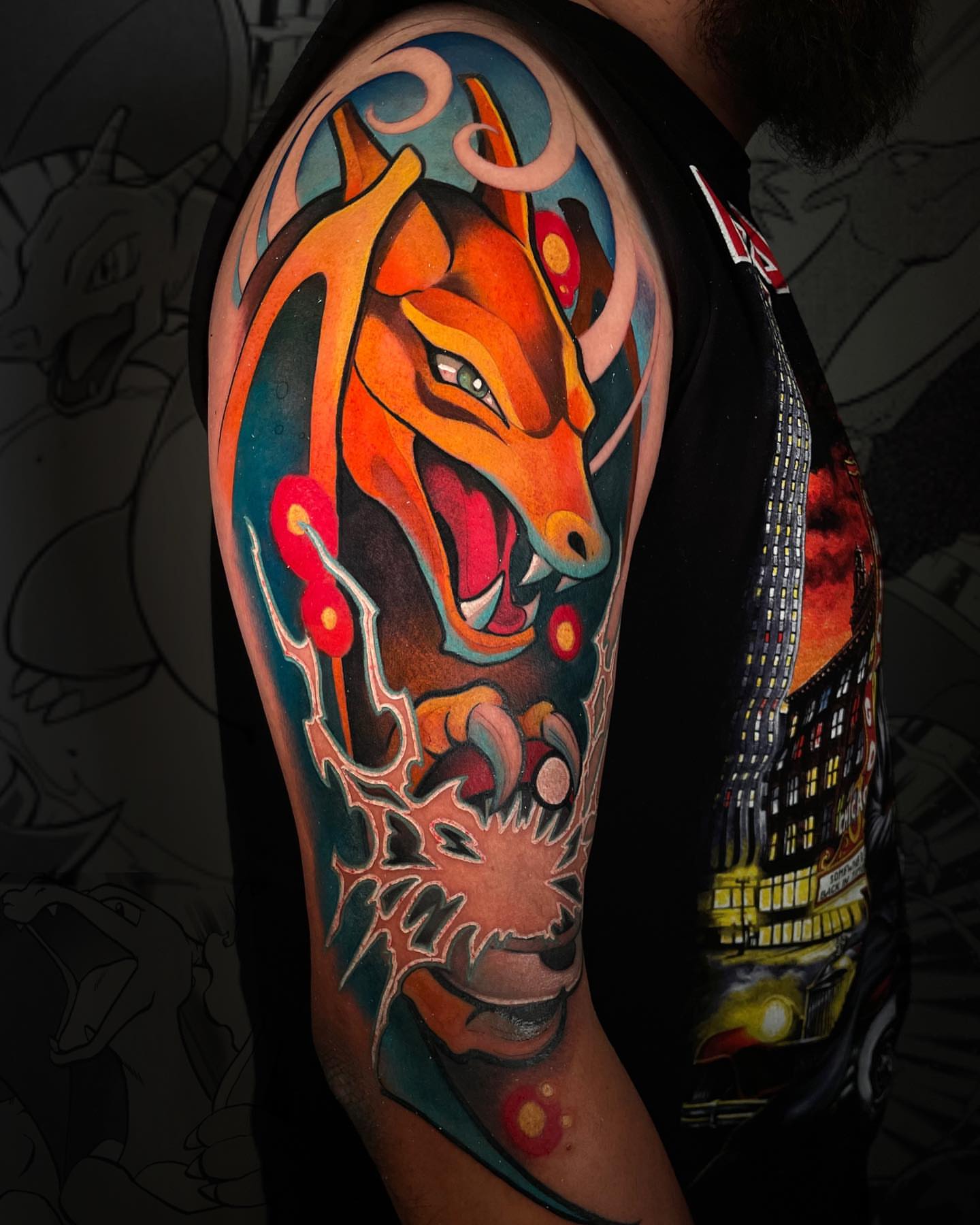 Wolf new school tattoo on the upper arm by Wendy Ruiz