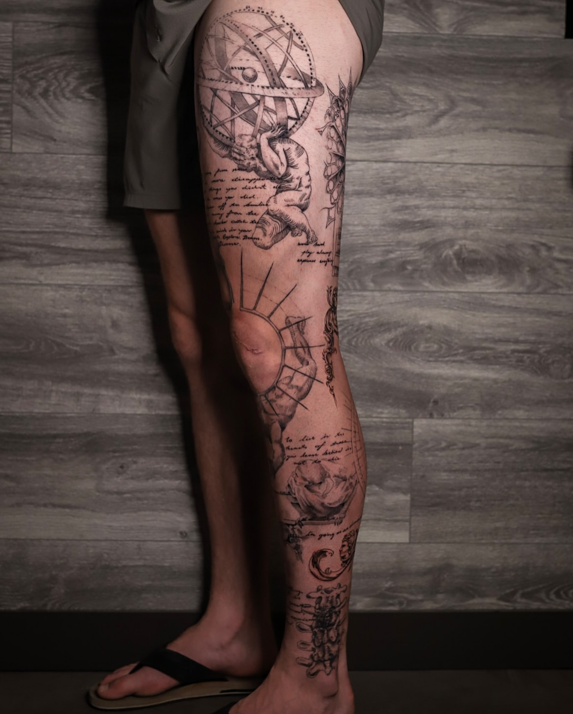 Astronaut globe geometric tattoo on the calf by Kipling Mcclellan