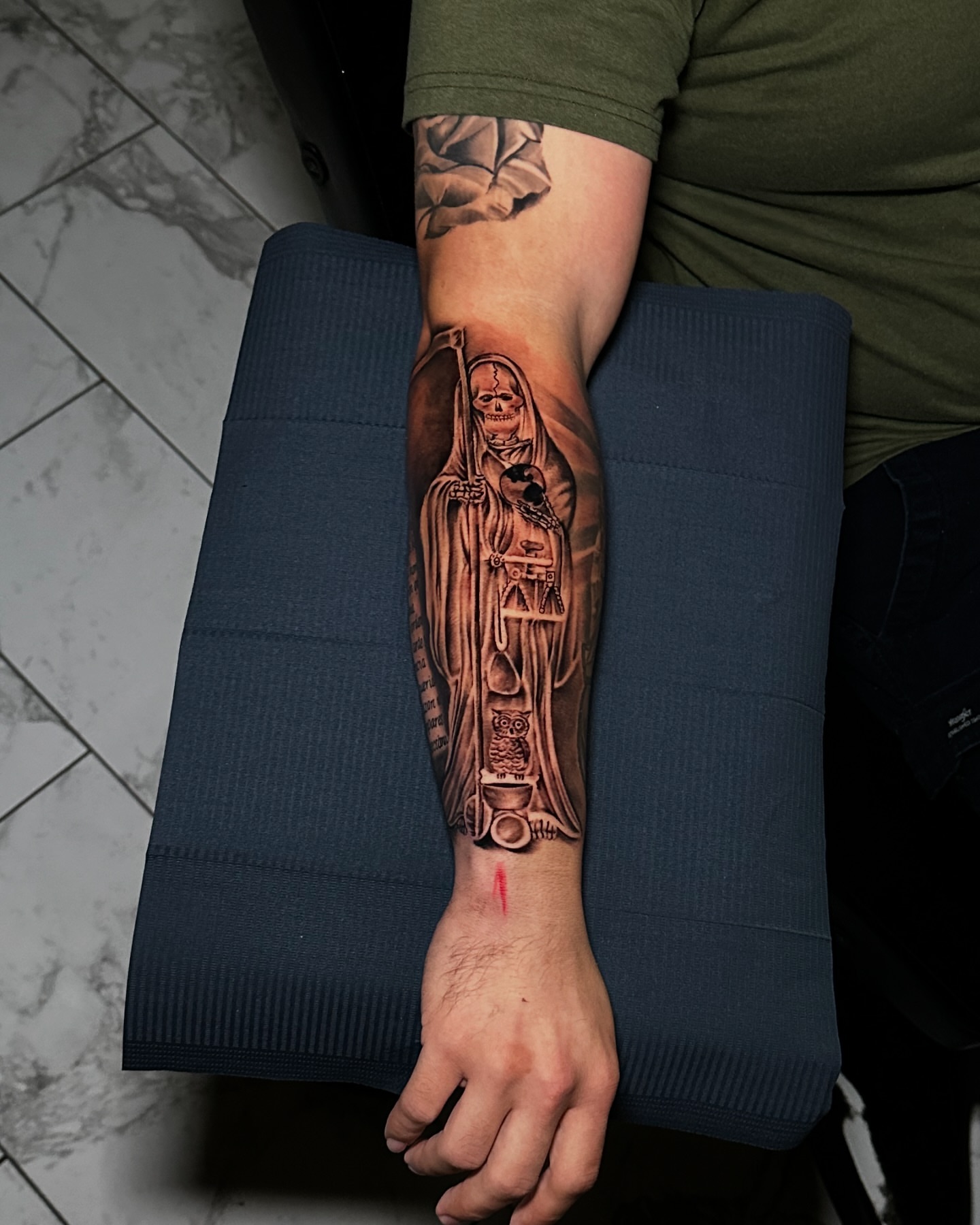 Reaper with owl realism tattoo on the forearm by Erick @ AZTEC_TATT