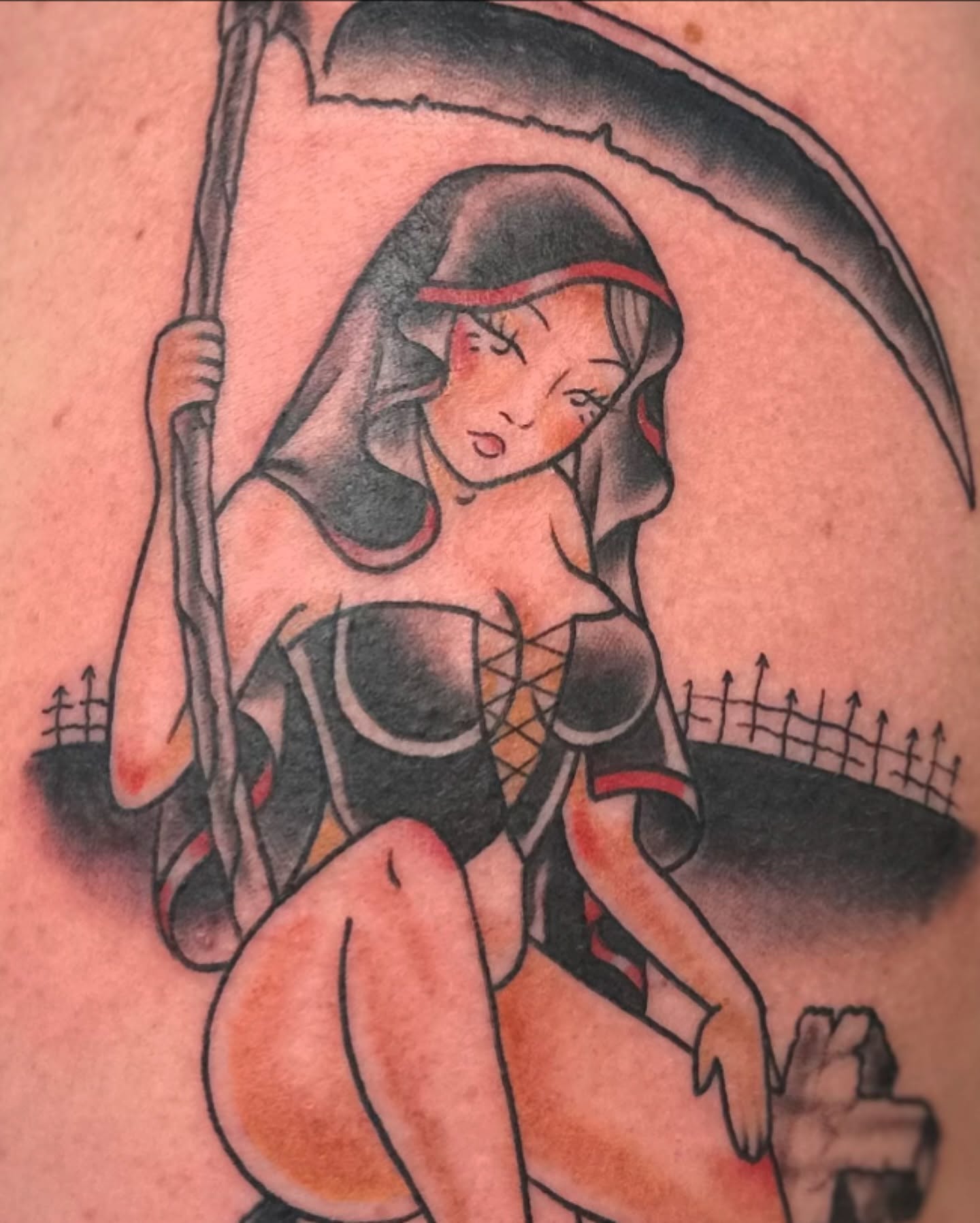 Female grim reaper American traditional tattoo on the thigh by Savy Rasor, Austin, Texas