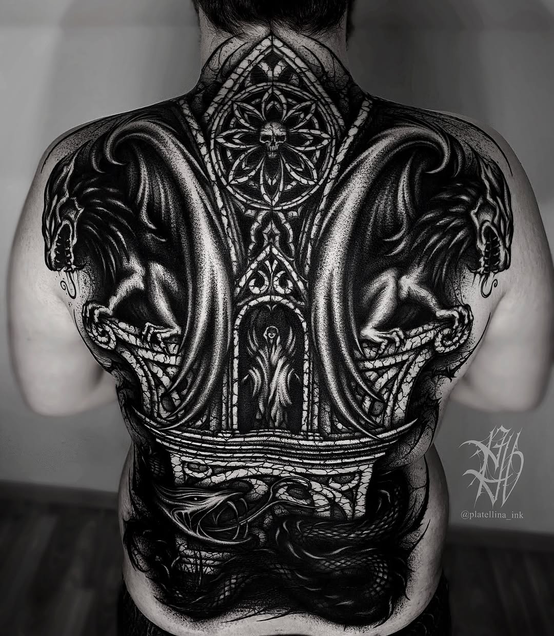 Gargoyles and gothic architecture dark art tattoo on the back by Dark Gothic Tattoo
