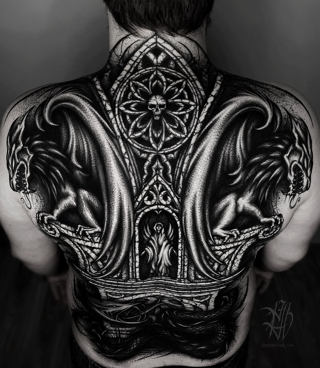 Gargoyles and gothic architecture dark art tattoo on the back by Dark Gothic Tattoo