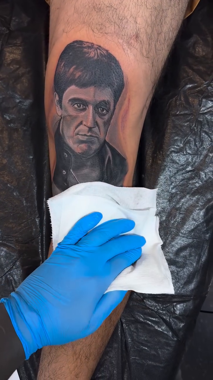 Tony Montana portrait realism tattoo by Michael Tovar