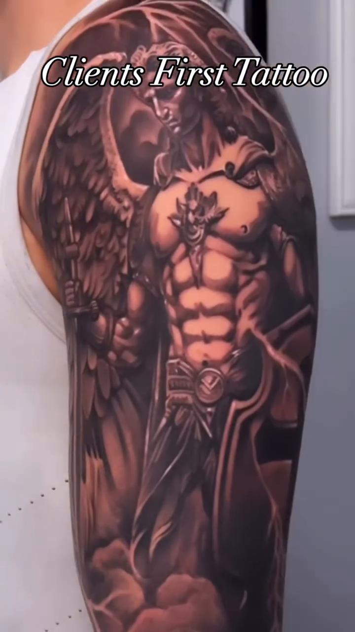 Winged demon warrior realism tattoo by @young_sely