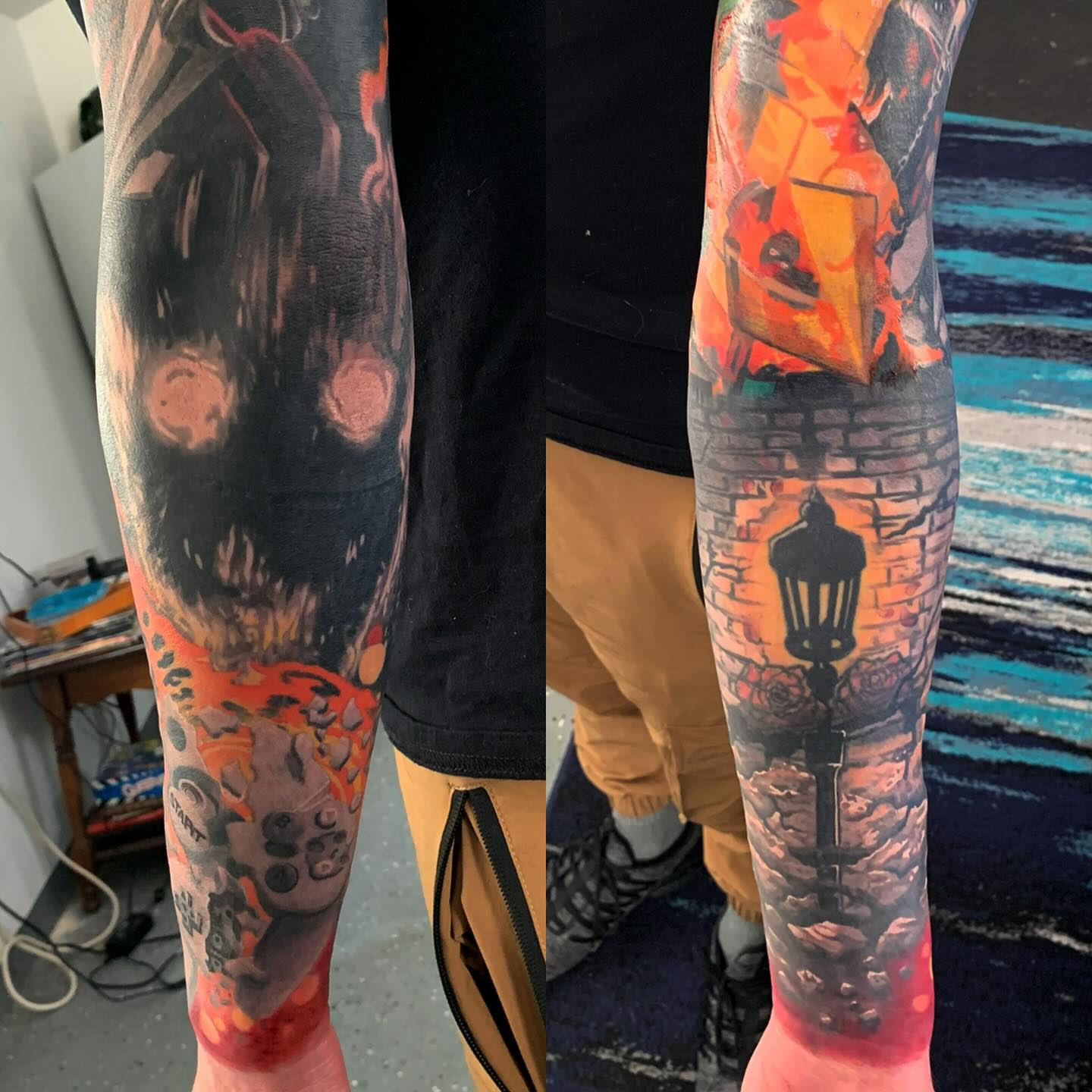 Night scene dotwork tattoo on the forearm by marcus labonne