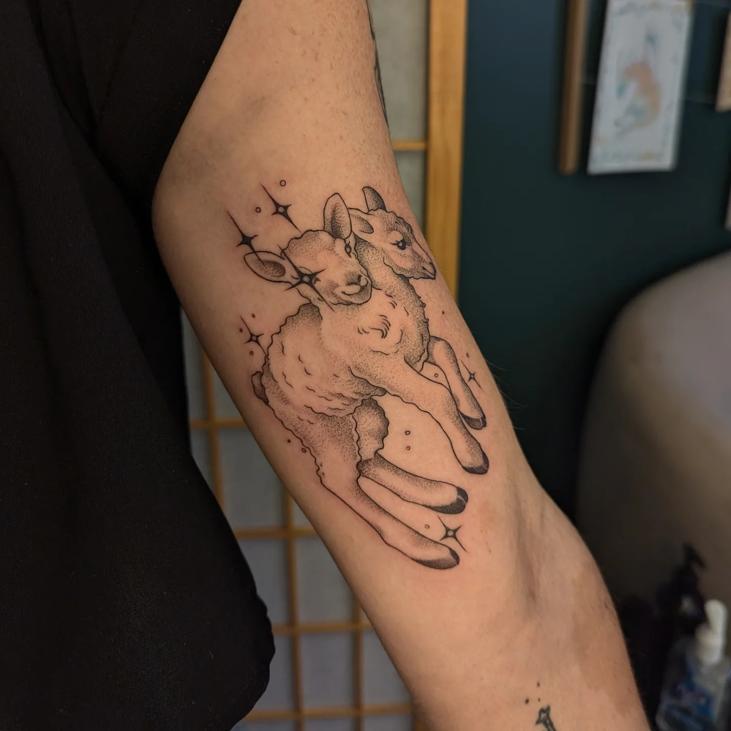 Goats dotwork tattoo on the forearm by Jeanine, Providence, Rhode Island