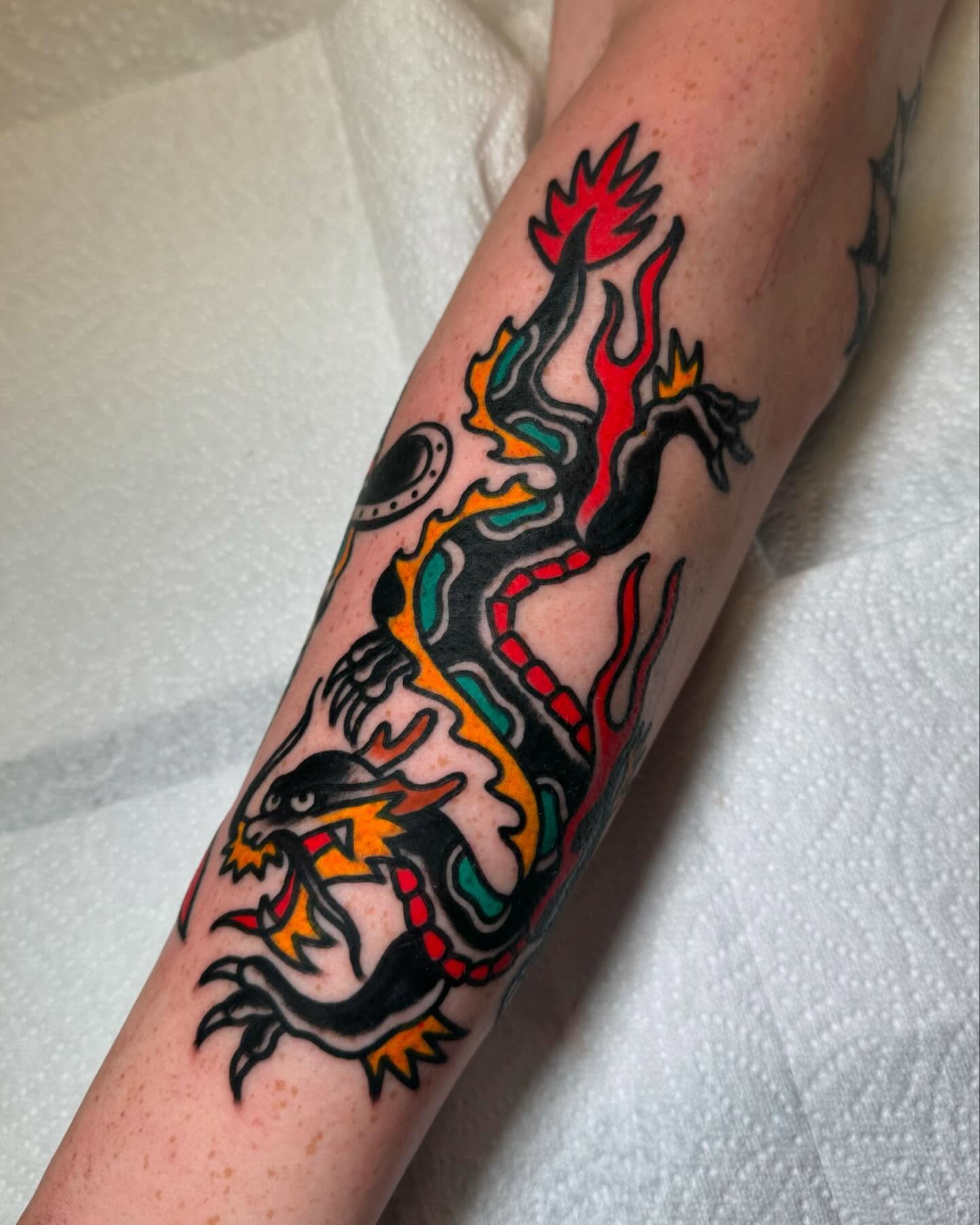 Dragon American traditional tattoo on the forearm by Alex Kass 🥩 San Antonio TX, San Antonio, Texas
