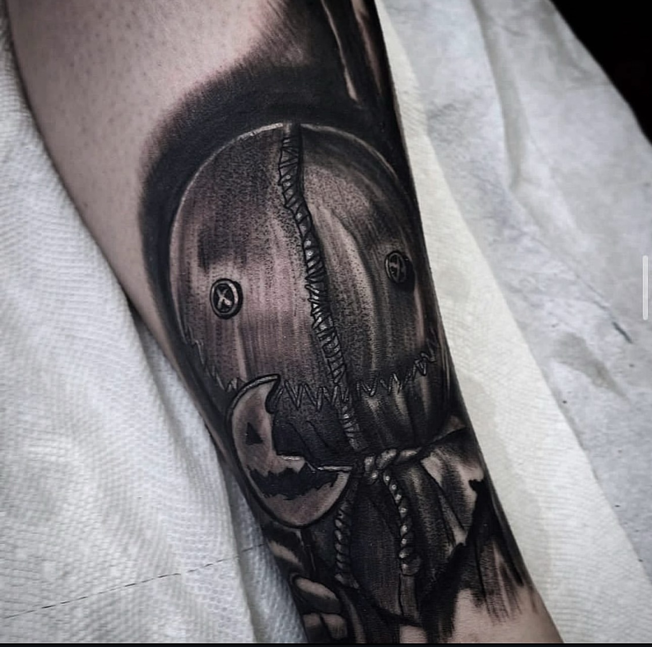 Mask realism tattoo on the forearm by ♟️SouthEastLA♟️