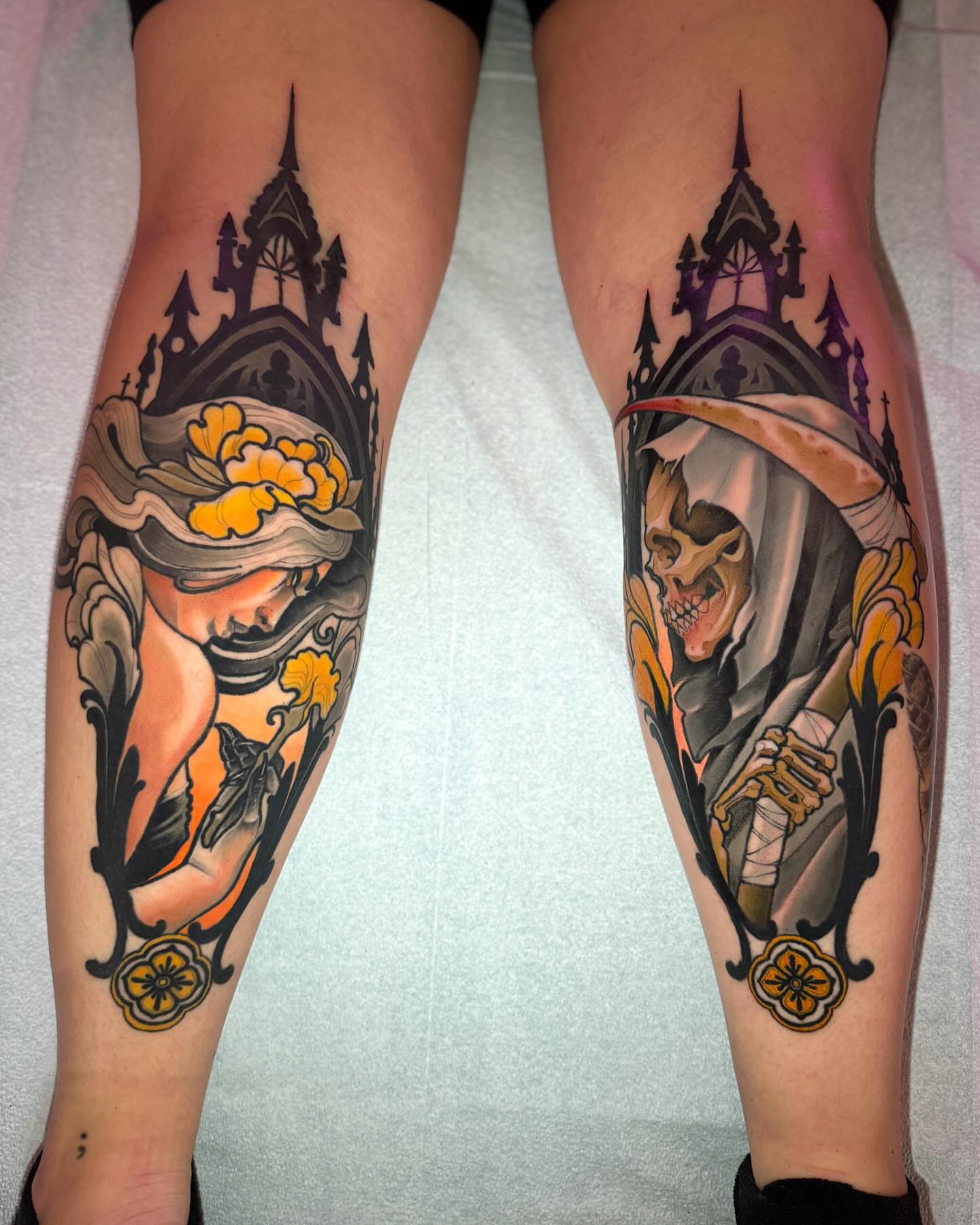 Woman and skull American traditional tattoo on the calf by Matt - Neotrad Tattoos, New York, New York