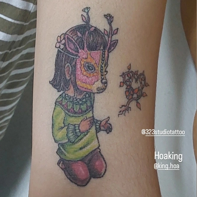 Deer girl dotwork tattoo on the forearm by Hoa King