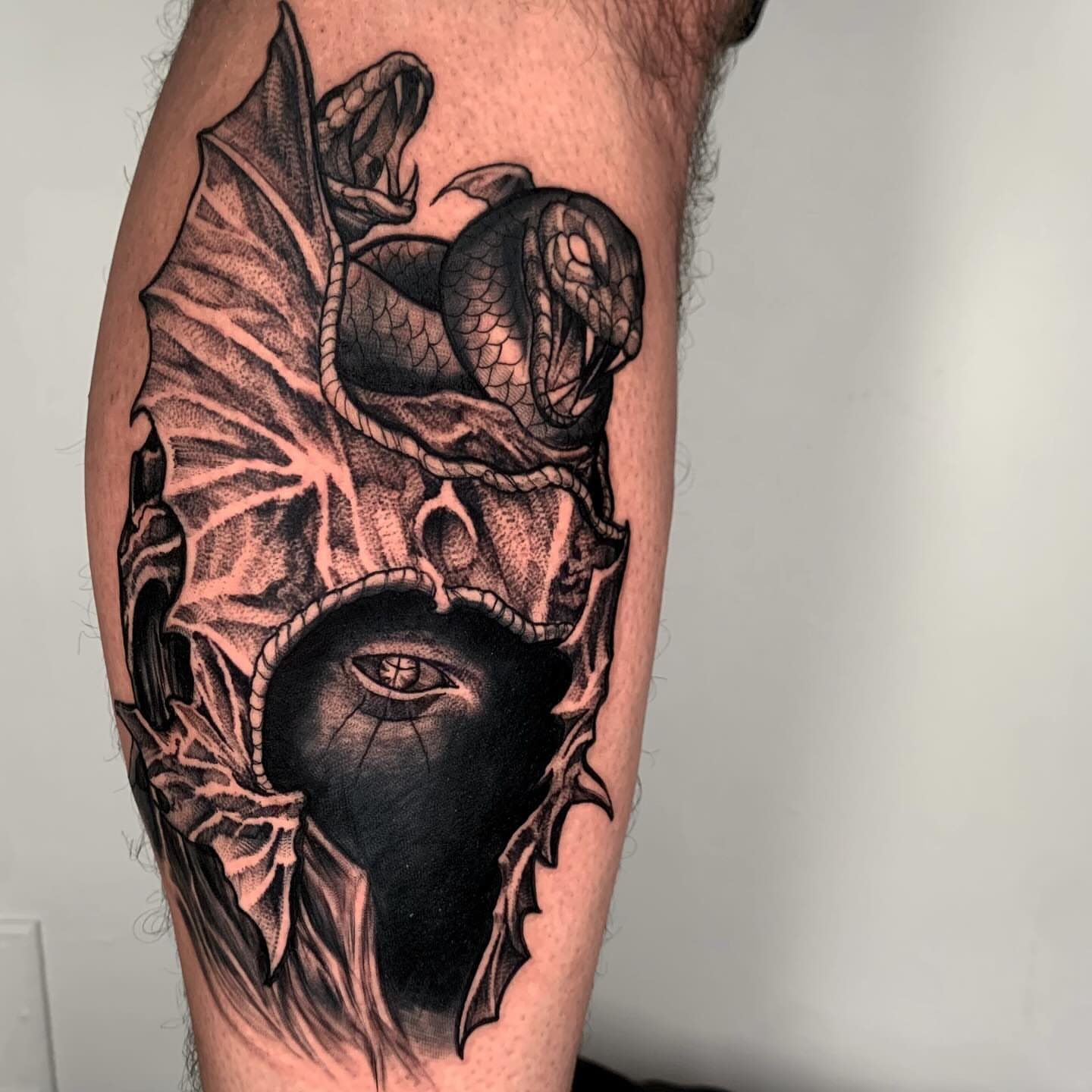 Eye with snakes dotwork tattoo on the forearm by ⚔ Dylan Smith ⚔, Richmond, Virginia