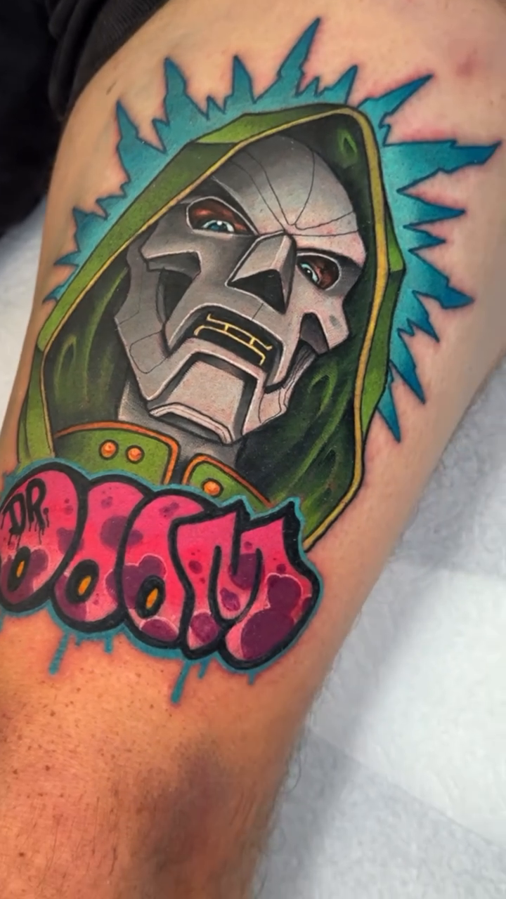 Doctor Doom neo-traditional tattoo by Jon Leighton
