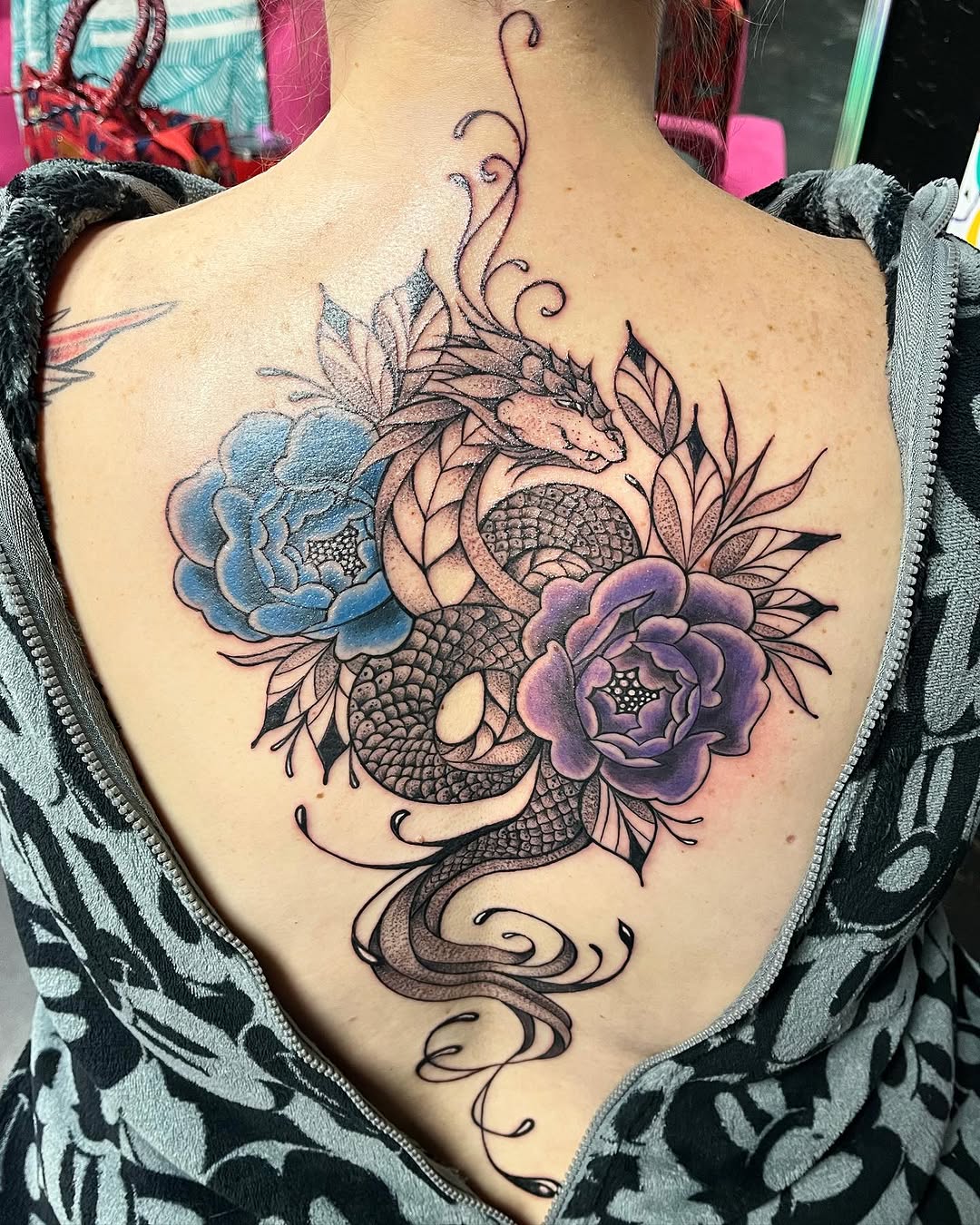 Dragon and peonies watercolor tattoo on the back by Vegas Val LadyTattooArtist 💚