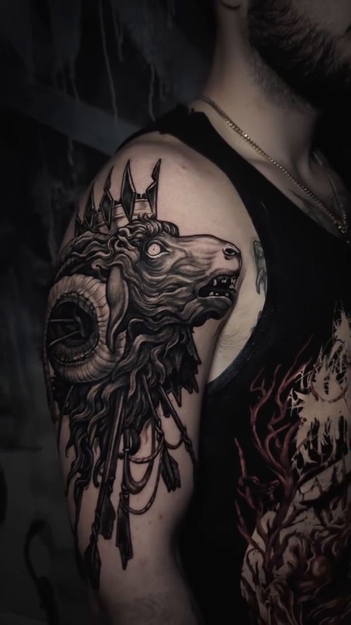 Ram's head with ornate crown dark realism tattoo by Miami Florida Tattoo Artist