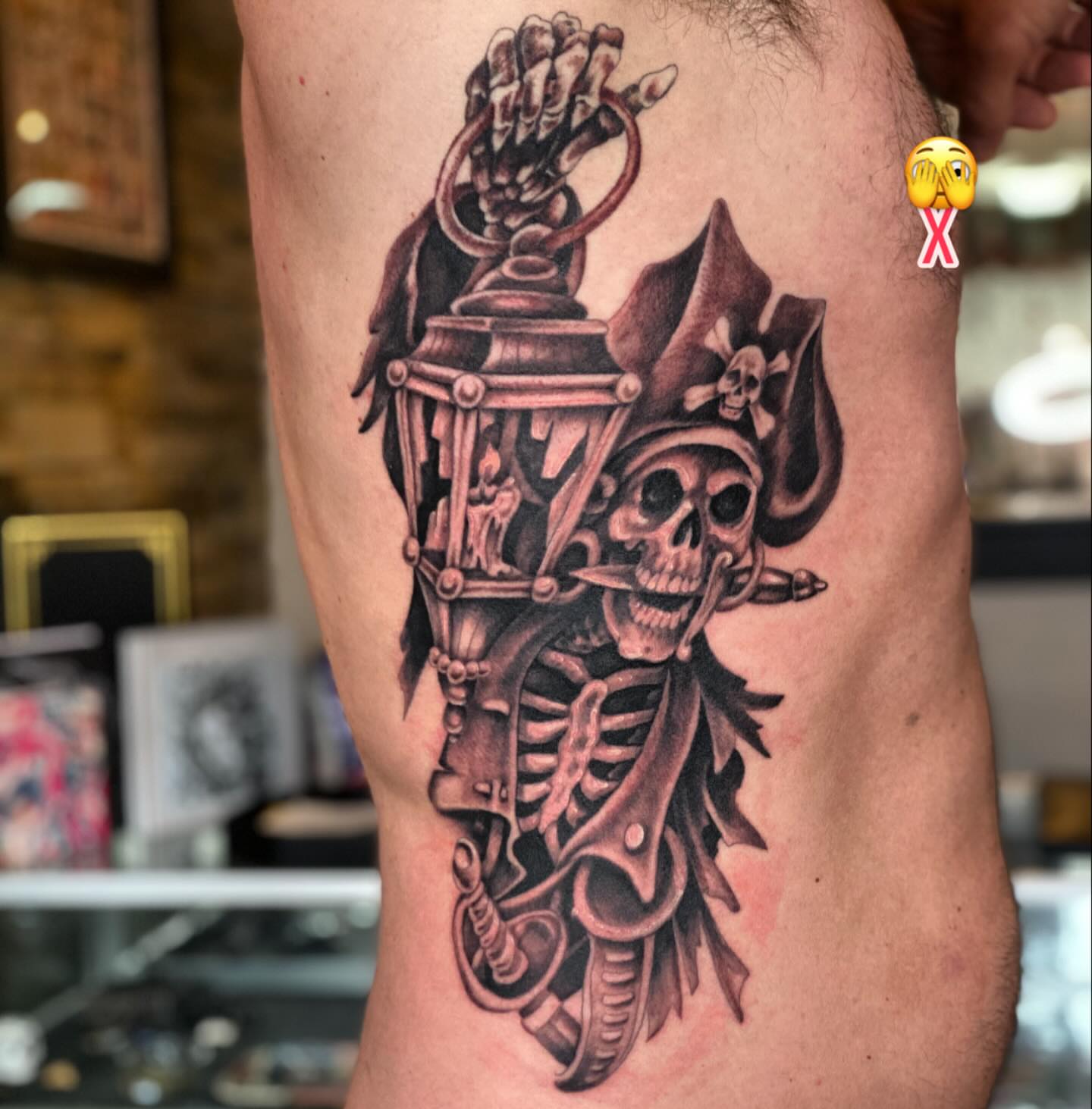 Skeleton pirate realism tattoo on the thigh by Hayden Earley