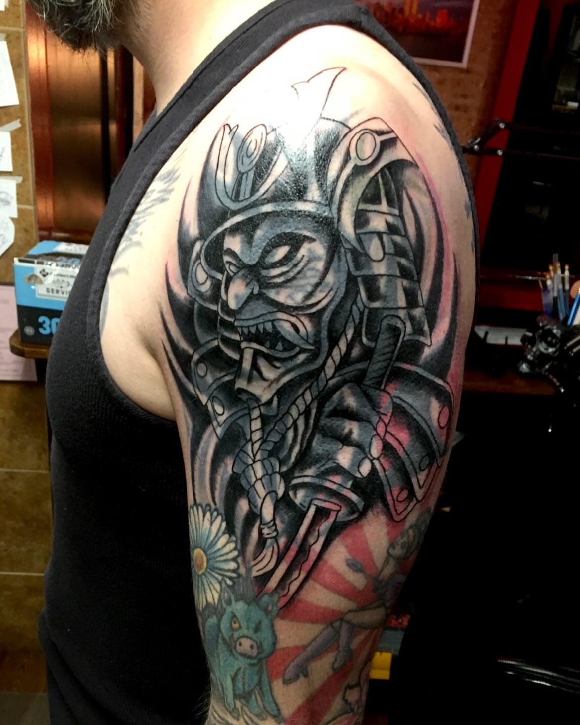 Samurai warrior japanese irezumi tattoo on the shoulder by Kenny Buck