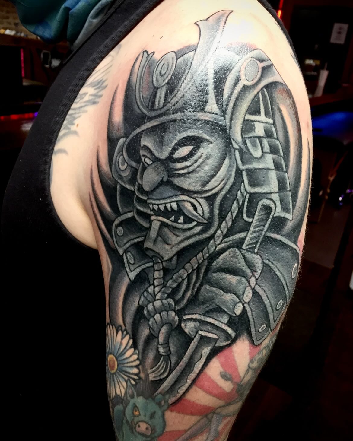 Samurai warrior realism tattoo on the shoulder by Kenny Buck