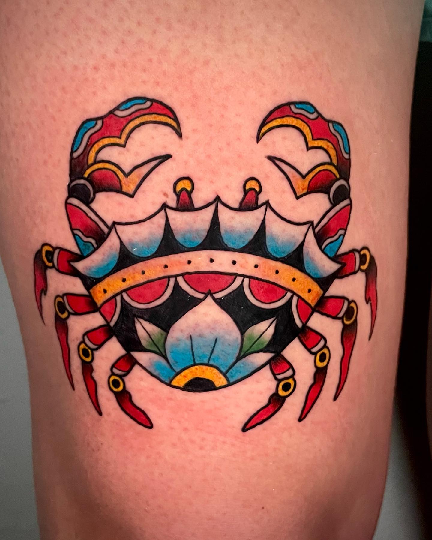 Crab American traditional tattoo on the thigh by Bryce Presley, Mission, Kansas