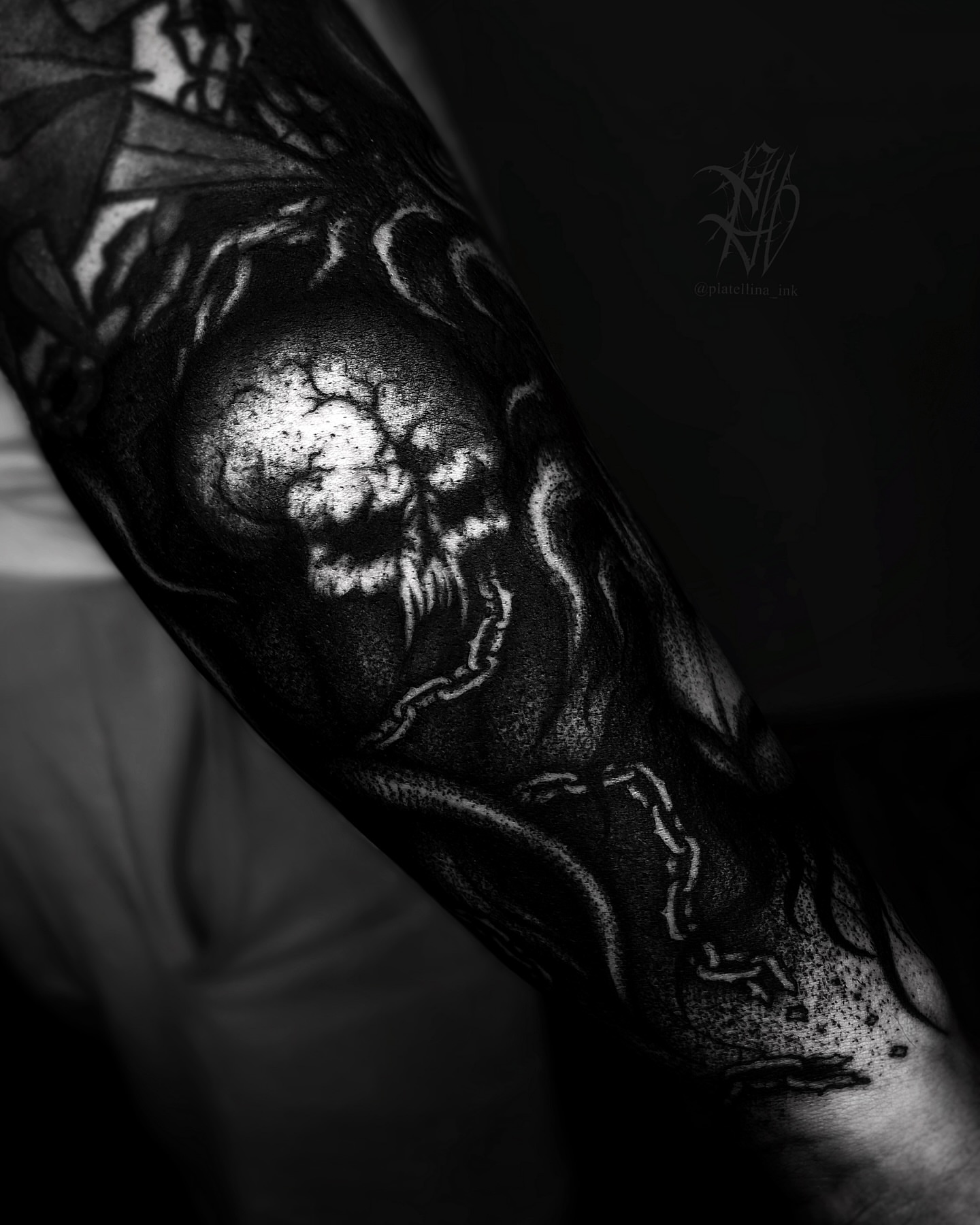 Skull dark realism tattoo on the forearm by Dark Gothic Tattoo