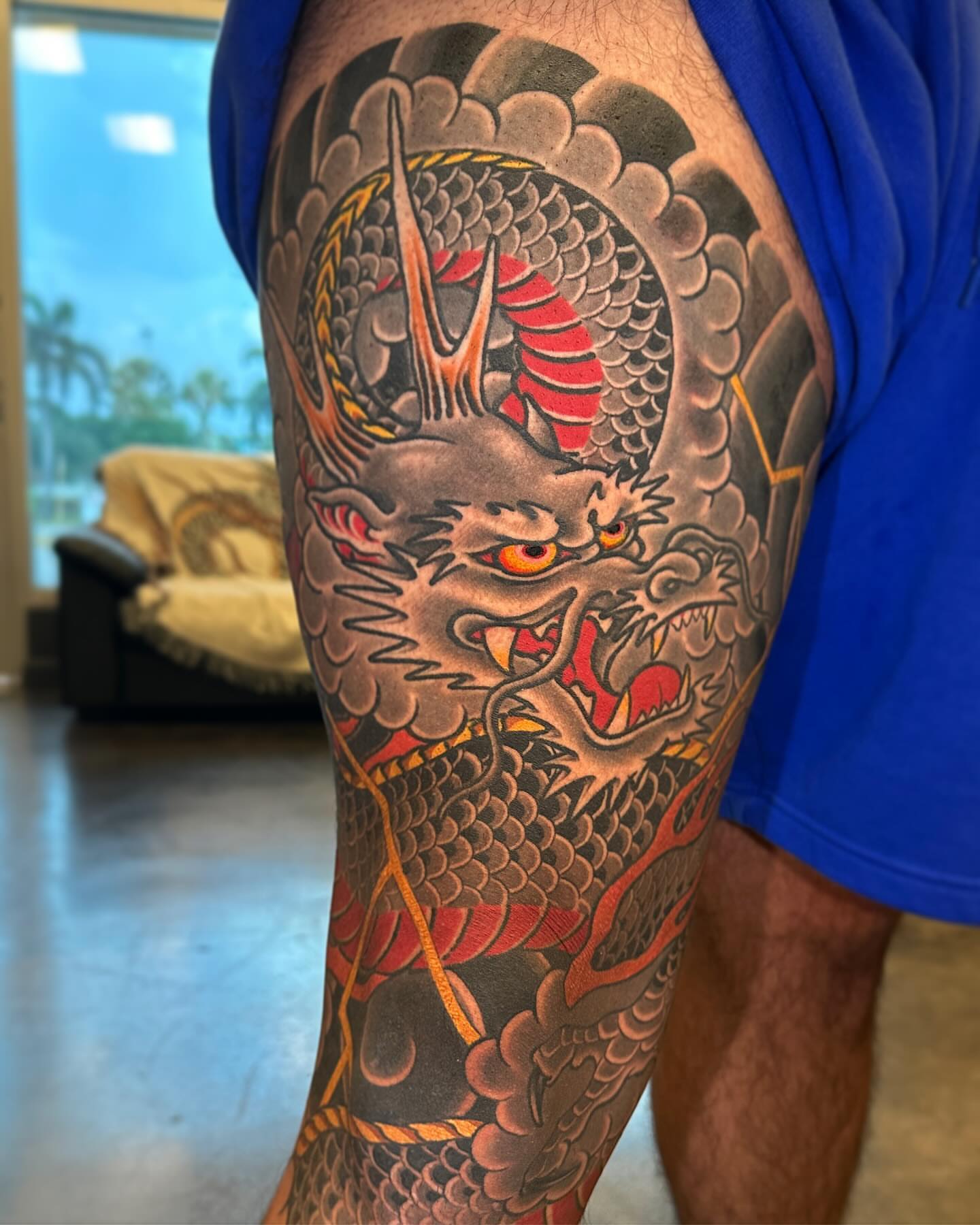 Dragon japanese irezumi tattoo on the thigh by Mario Arcila