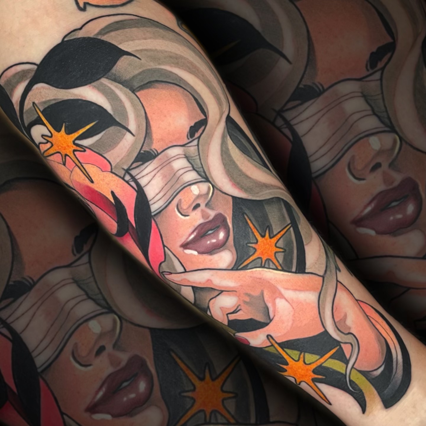 Woman with stars American traditional tattoo on the forearm by Nathan Mickle