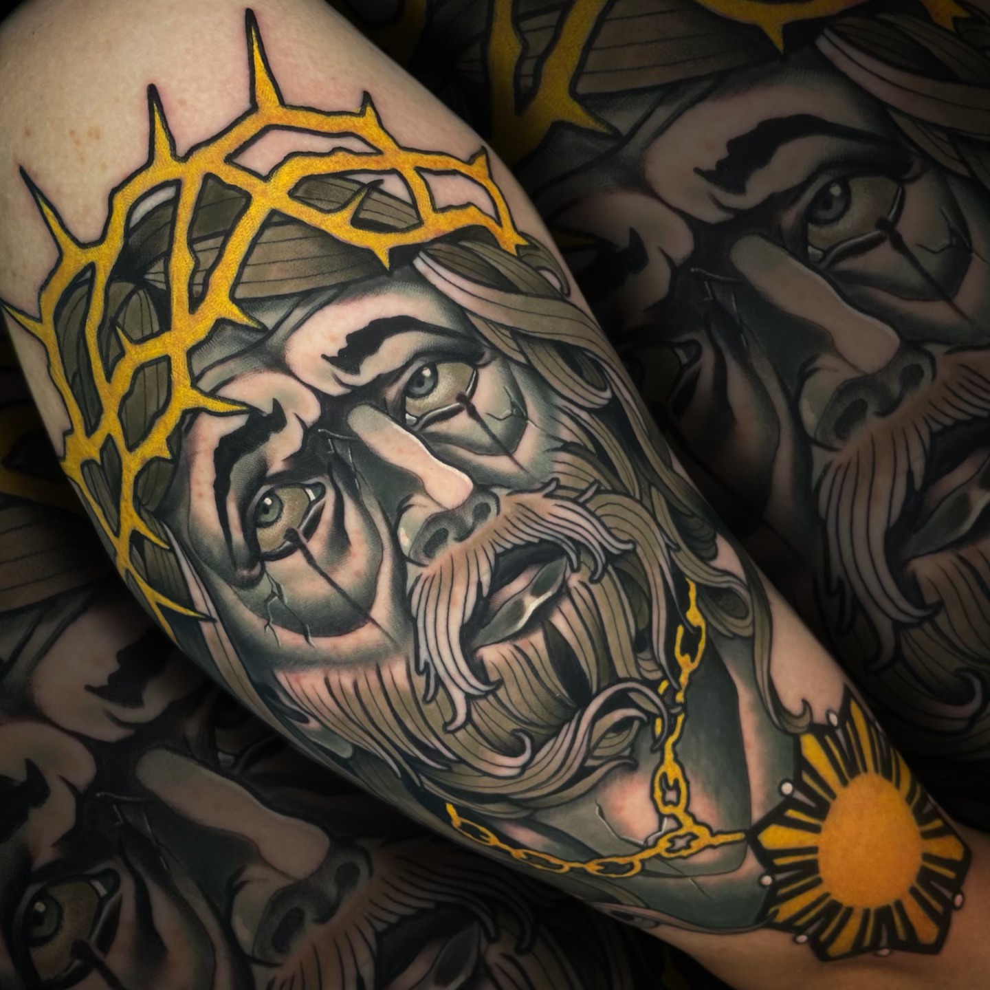 Religious figure American traditional tattoo on the forearm by Nathan Mickle