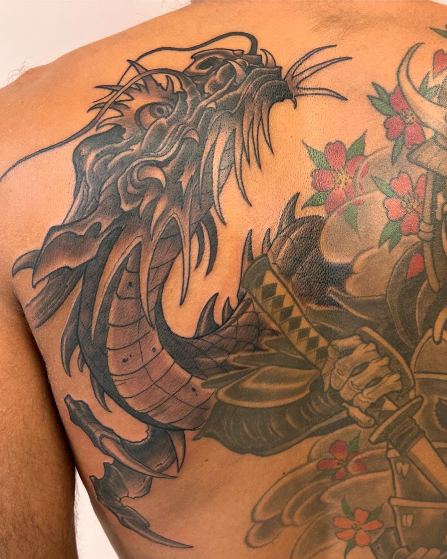 Dragon and samurai japanese irezumi tattoo on the back by Marvin Silva