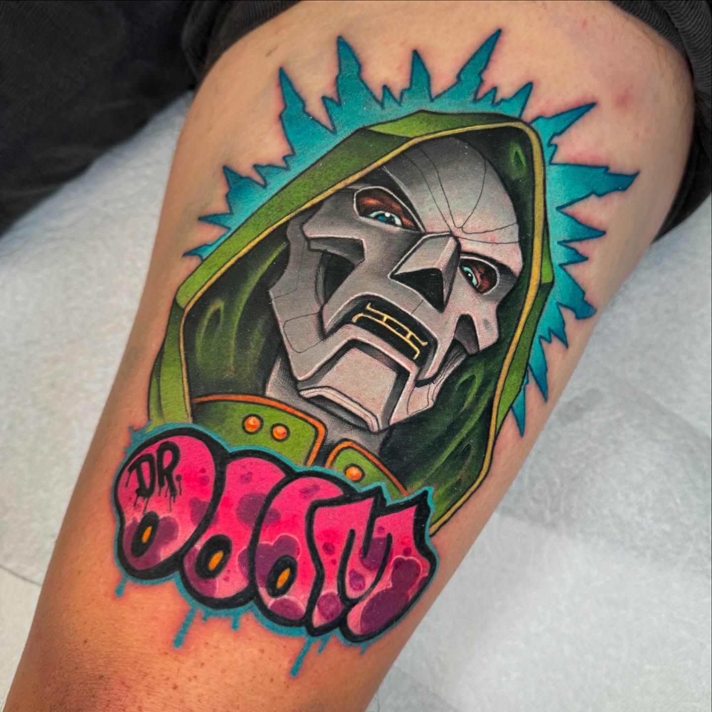 Dr. Doom dotwork tattoo on the forearm by Jon Leighton