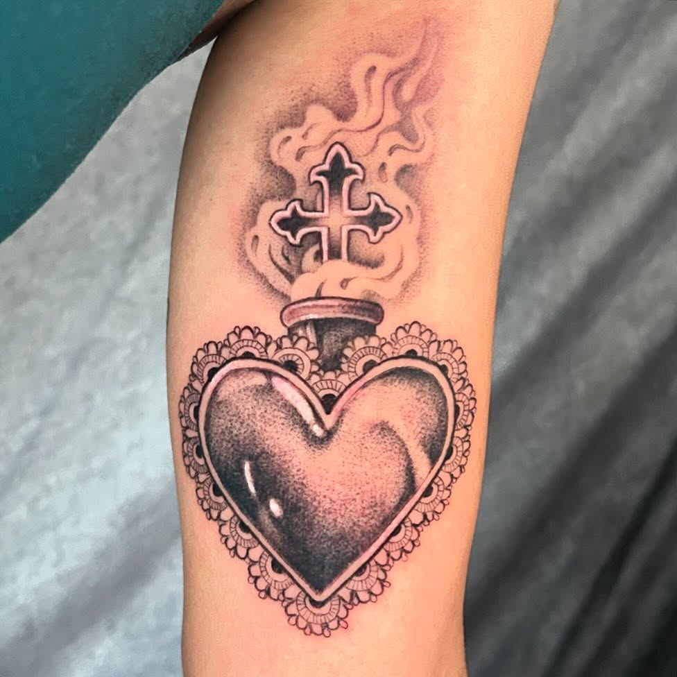Heart with cross black and grey tattoo on the forearm by ♡︎ Kaylie ♡︎, Tacoma, Washington
