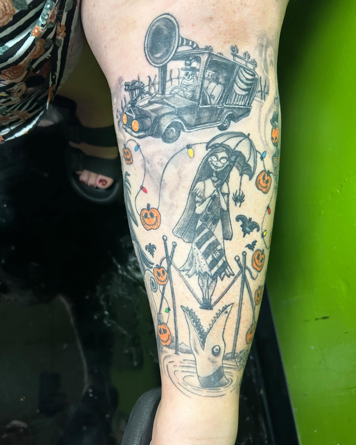 The nightmare before christmas dark realism tattoo on the forearm by B Hendrix, Cuyahoga Falls, Ohio